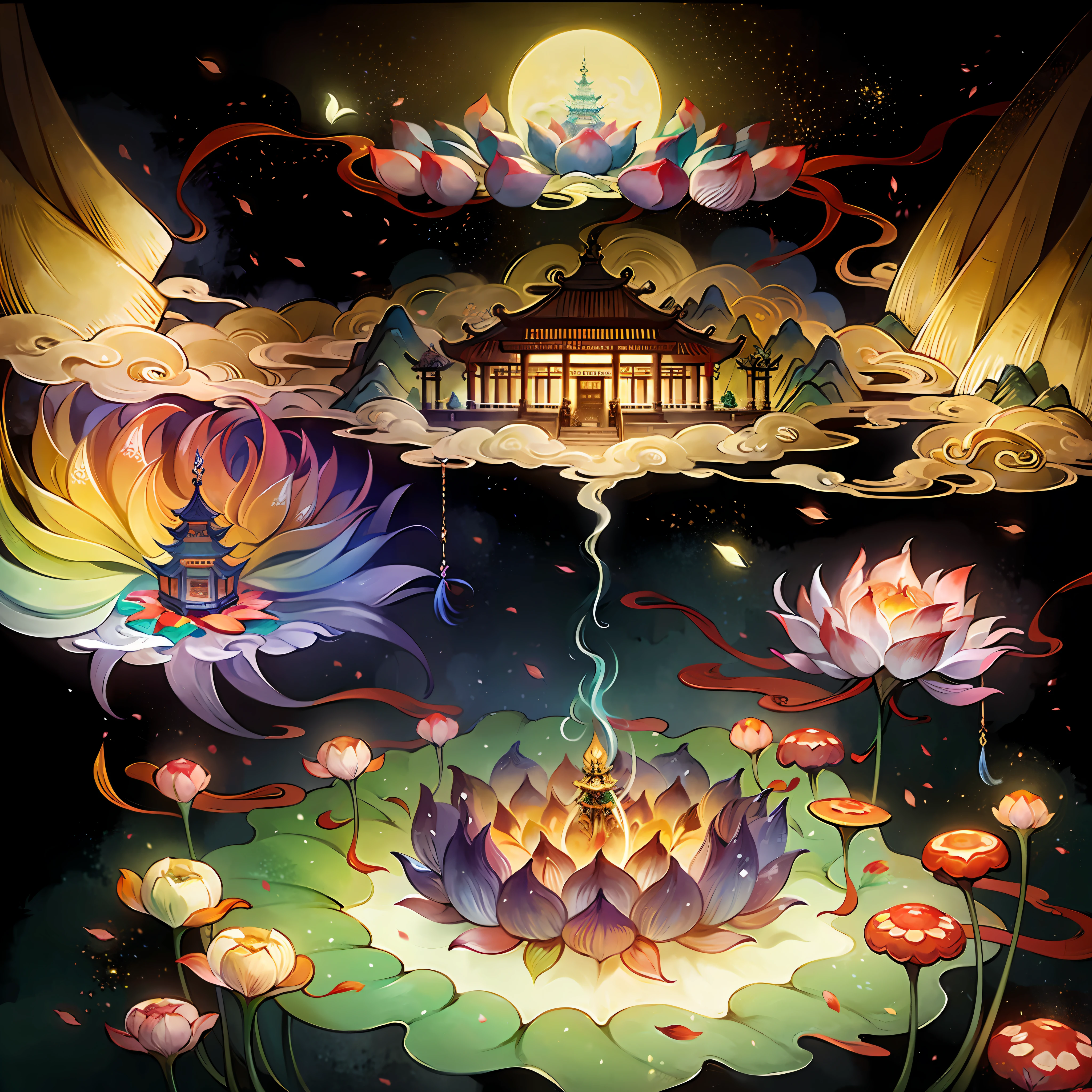 An ancient Chinese painting, ancient Chinese background, mountains, rivers, auspicious clouds, pavilions, sunshine,(psychedelic details),(mushrooms),lotus,(rainbow),(trippy),(DMT),intricate details, more details, high details,masterpieces, super detail, epic composition, ultra HD, high quality, extremely detailed, official art, unified 8k wallpaper,(show full objects ),Super detail, 32k -- v 6