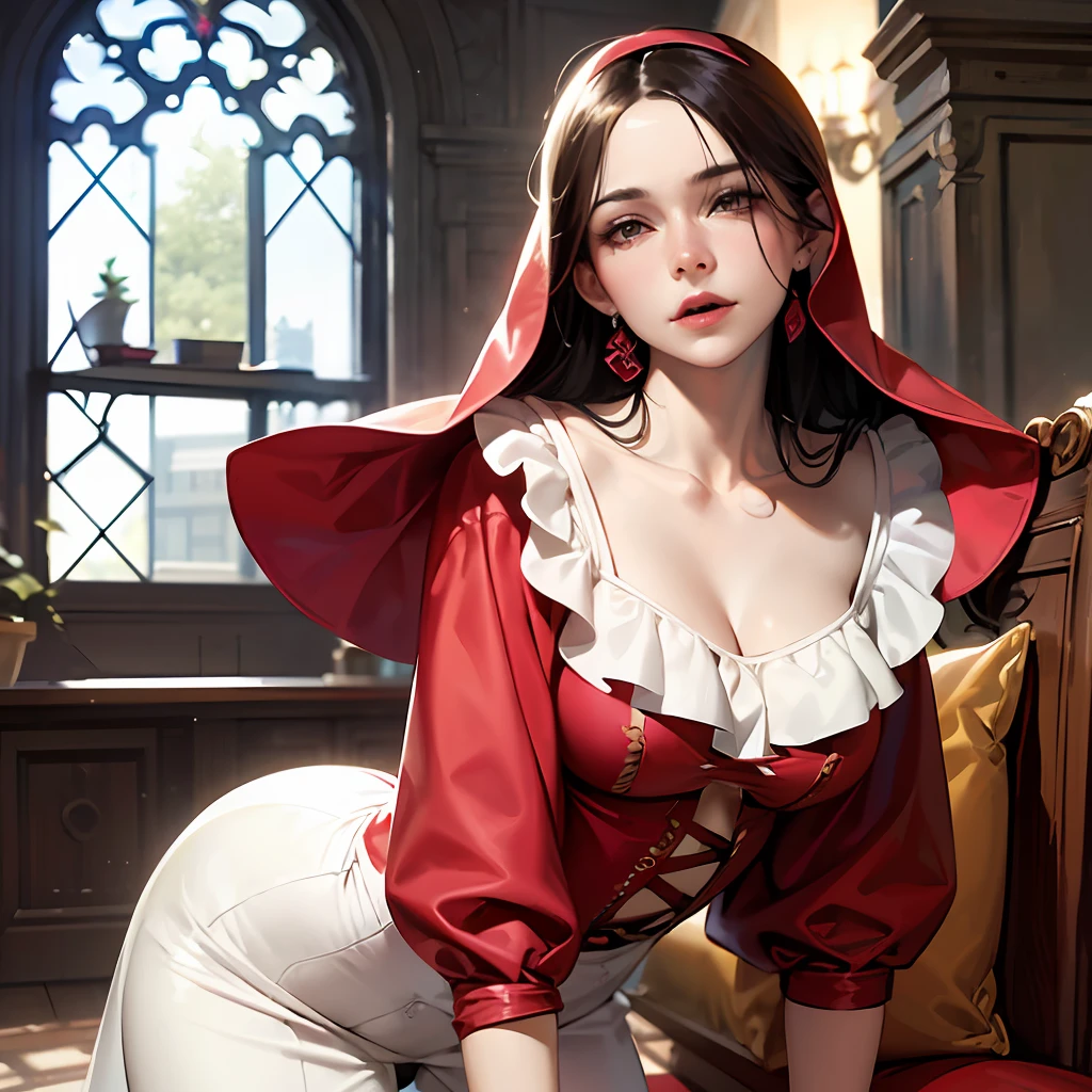 (Best quality, 8k, 32k, Masterpiece), close up, photo of Alice in Wonderland Queen of Hearts in an English garden, scandalous and flirty, lots of feminity, mischievous, alluring, dazzling, standing, intricately detailed, fairytale dreamlike light