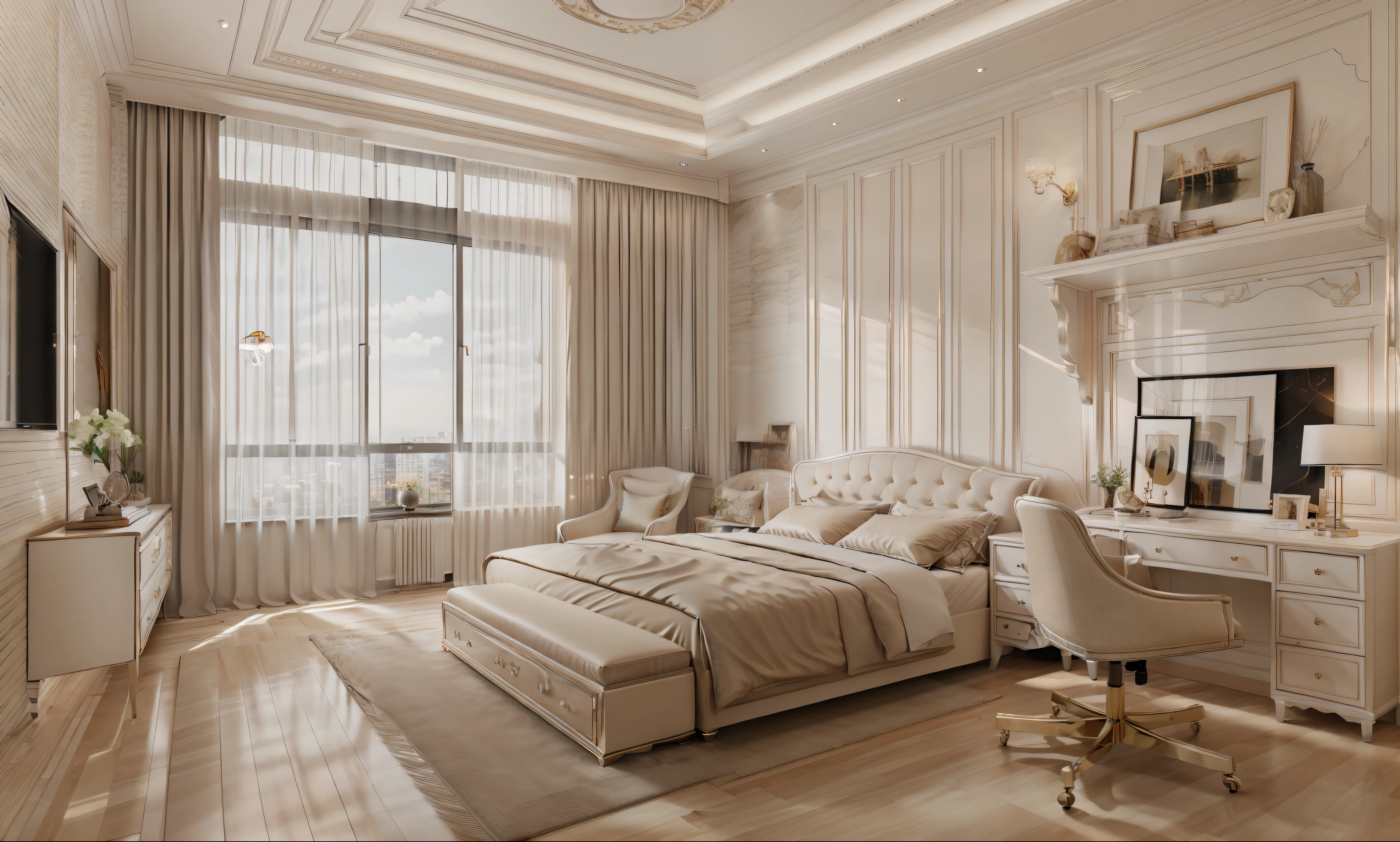 best quality, master picece, hyper detail, supper detail, best realistic, (classical bedroom, beautiful lighting, shimmering)|[dreamy:1.2+airy:0.9] --auto