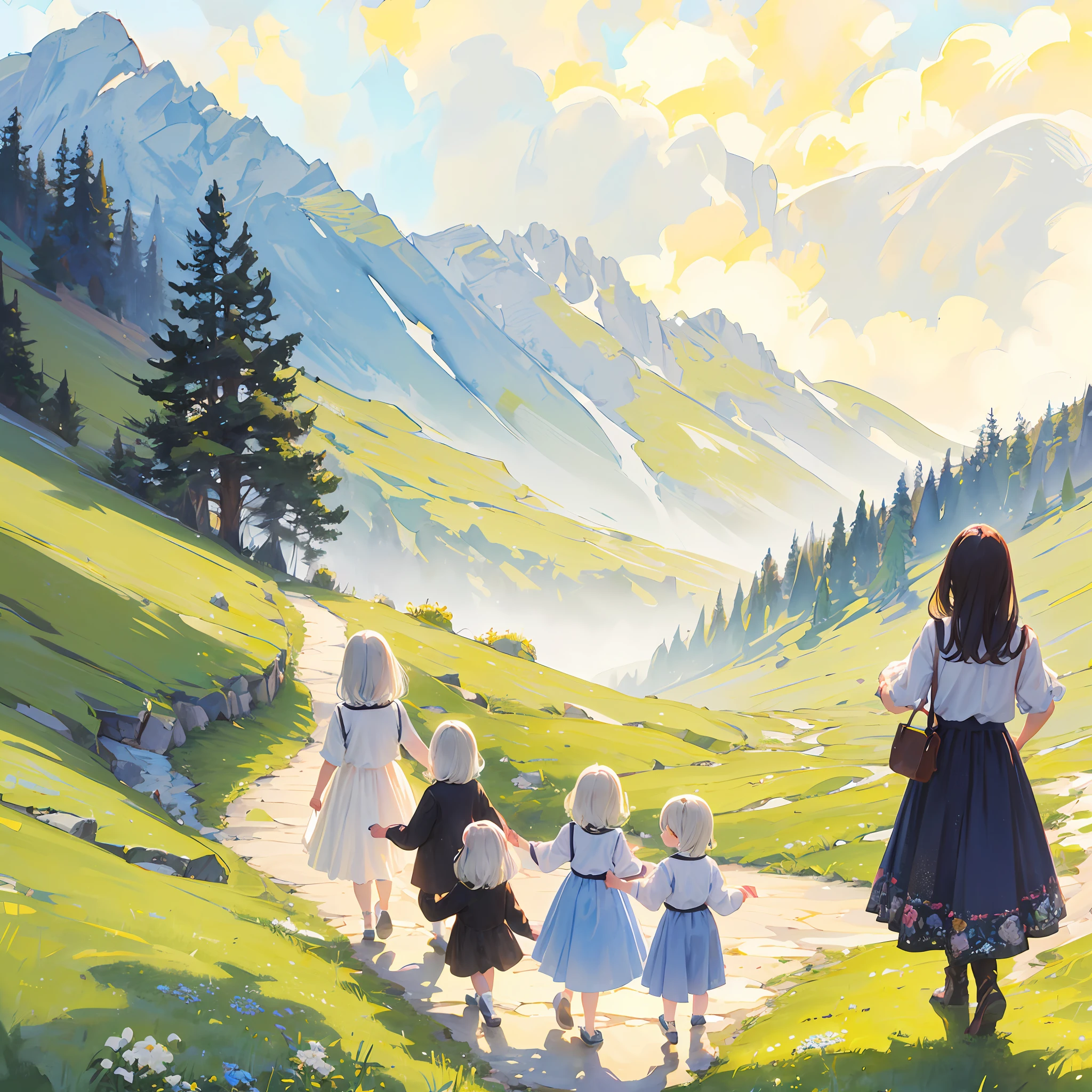 A family strolls through an alpine meadow chanting a song; the mother sings first, followed by her five children..Fine brush, rough, detailed watercolor, soft and fantastic, pastel, fluffy, (extremely fine and beautiful), (perfect details)、(pastel color),Soft texture:1.2,Gaze from above.(Mastepiece, Best Quality), (finely detailed beautiful eye), (finely detailed eyes and detailed face), (Scenery), (Ultra-detailed, Best Shadow), ((depth offield)