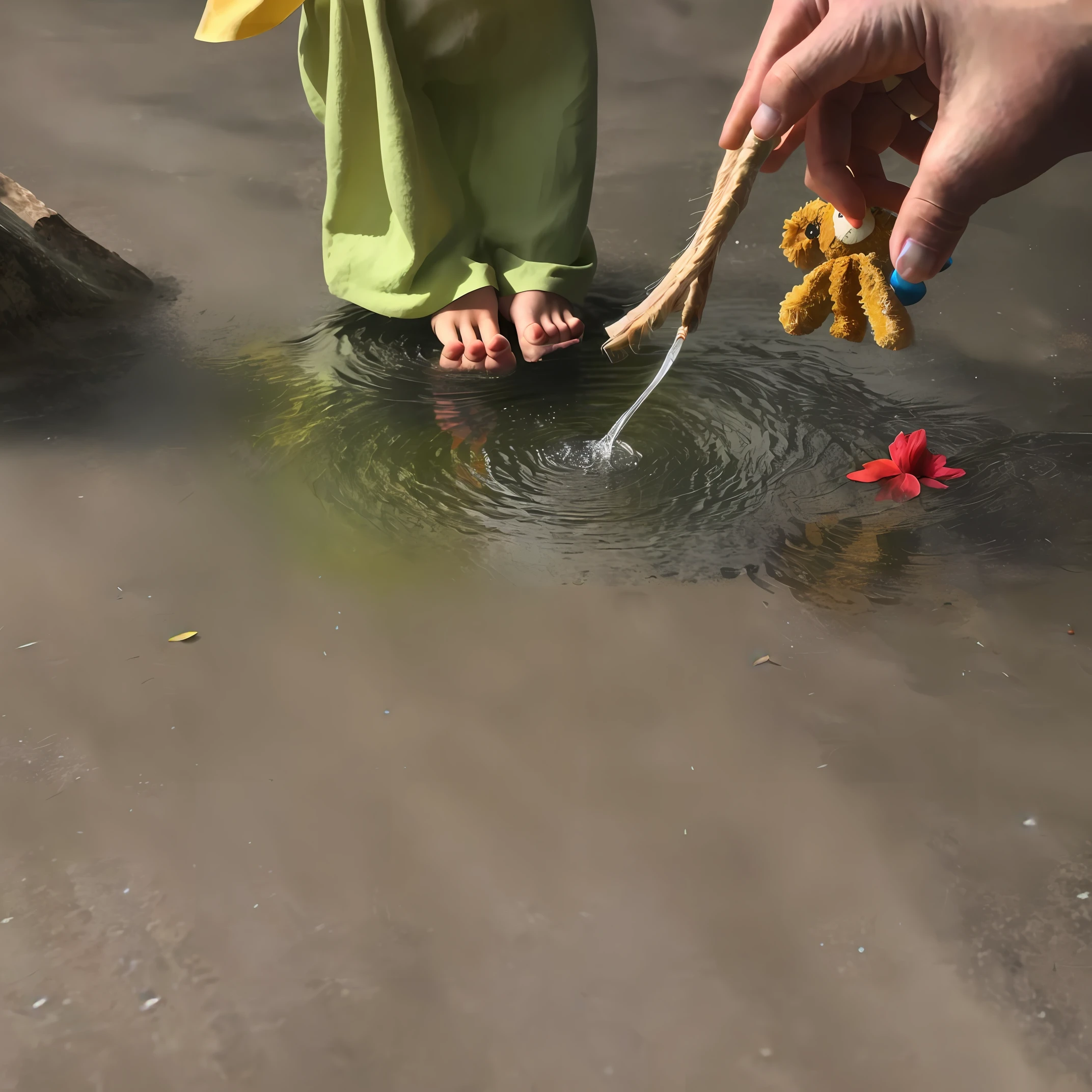 The  girl holds a clear spring in her hand