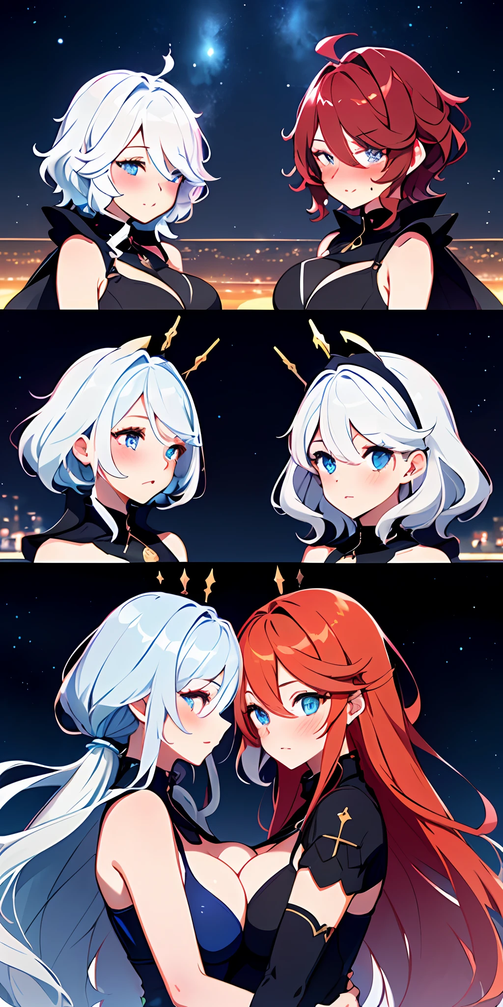 Group of 5girls, hugging eachother, , , (, from front view), (blushing:1.3), (boobs on boobs), , masterpiece, highest quality, 8k, silver red hair, sfw, confident look, blackout sky stars background, Prince dress, red hair, dark blue eyes, looking at eachother