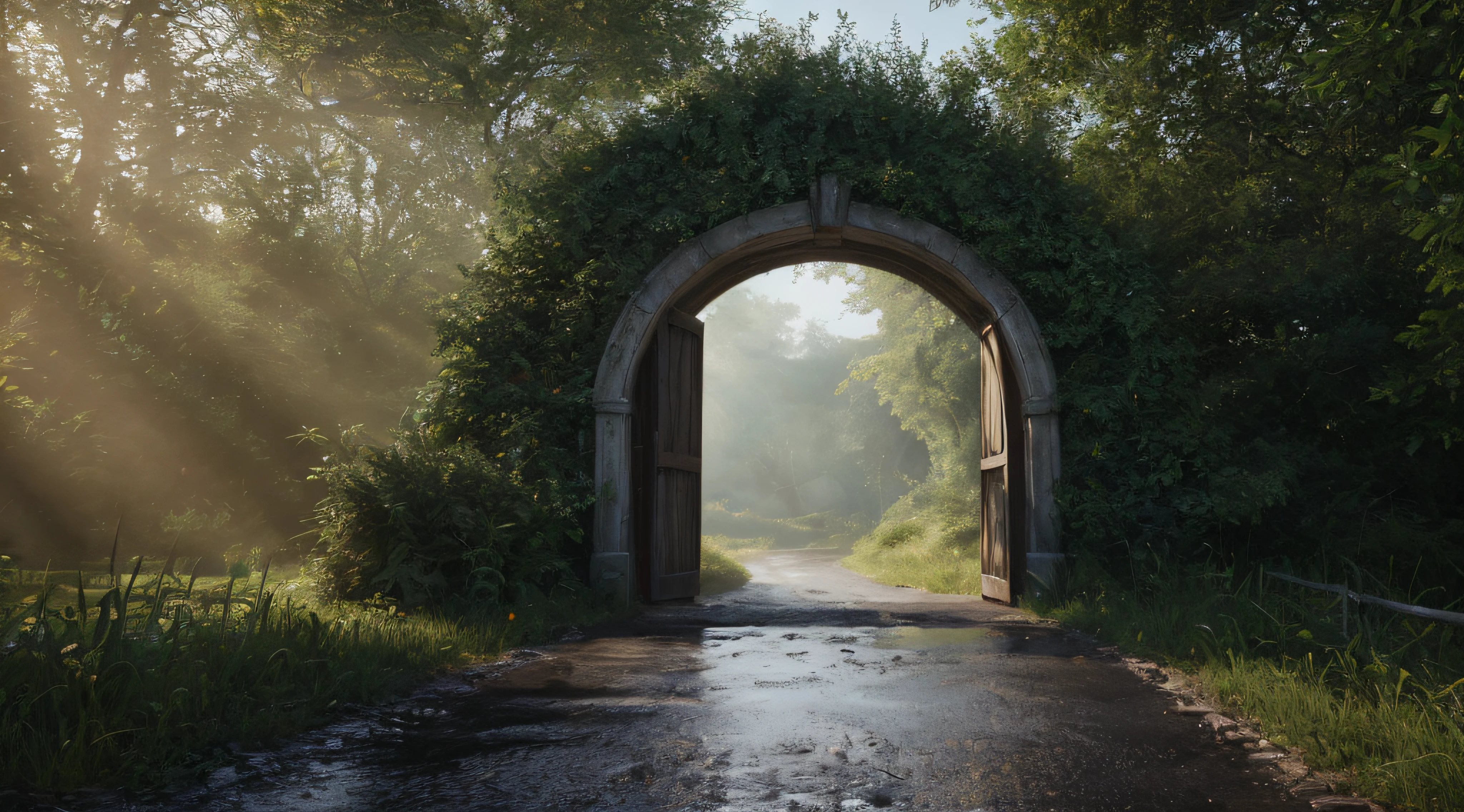 (Digital Artwork)++ of (Sketched)+ octane render of a mysterious dense forest with a large (magical)+ gate (portal)++ to the eternal kingdom, blade runner, intricate (vine)+, massive tree in liquid metal, realistic digital painting portrait, shot at 8k resolution, petrol liquid, pastel color, splash art, blue and purple magic universe, light engrave in intricate details, (light particle)+, (game concept)++, (depth of field)++, global illumination,Highly Detailed,Trending on ArtStation