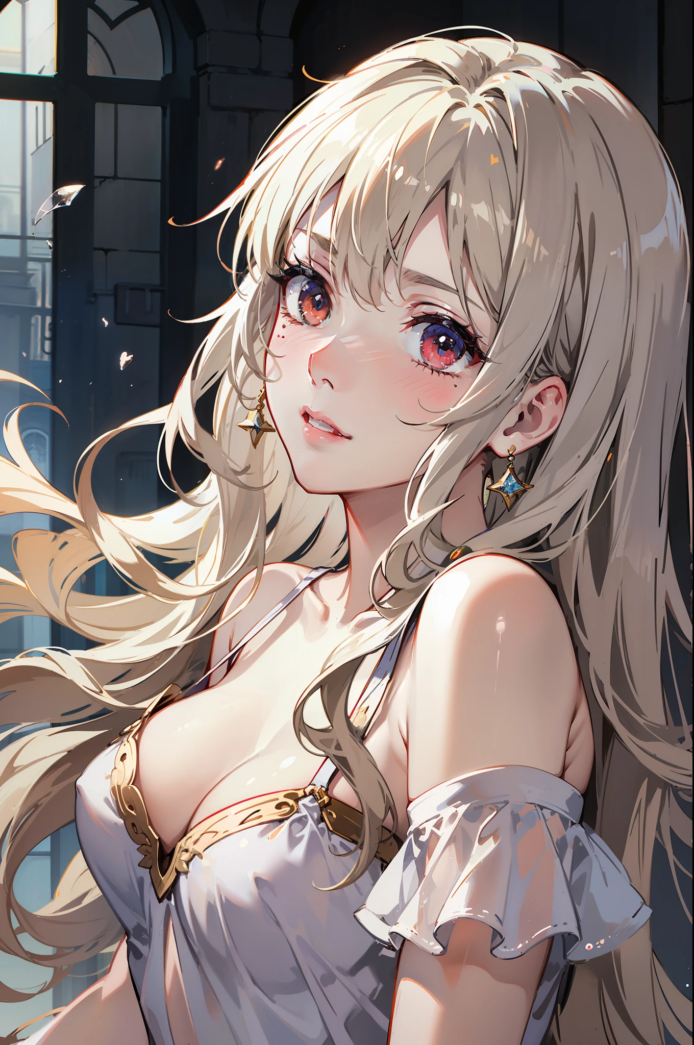 Pale beautiful young woman、Amused beautiful、slim and angular face、pointed chin、Feminine and big eyes、realisitic、richly detailed、Large accentuated chest、contrast、Textured skin、 cold skin pores、perfect  face、red blush、high small nose、Tear mole、blanche, Transparent and ruffled dresses、Oblique 45 degrees、feet visible、Nero, length hair、Light brown eyes、Sweet smell、stain glass、Light shining、Dynamism、Beautiful Royal Palace、Thrilling