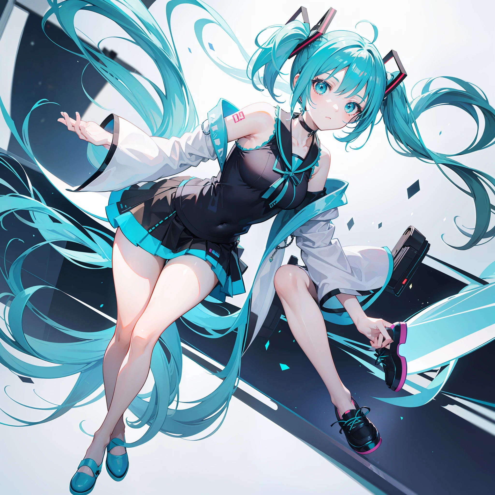anime girl in a short skirt and a blue top, live2d virtual youtuber model, render of a cute 3d anime girl, anime styled 3d, mikudayo, anime vtuber full body model, short blue haired woman, full body single character, single character full body, hatsune miku short hair, white and teal garment, fubuki