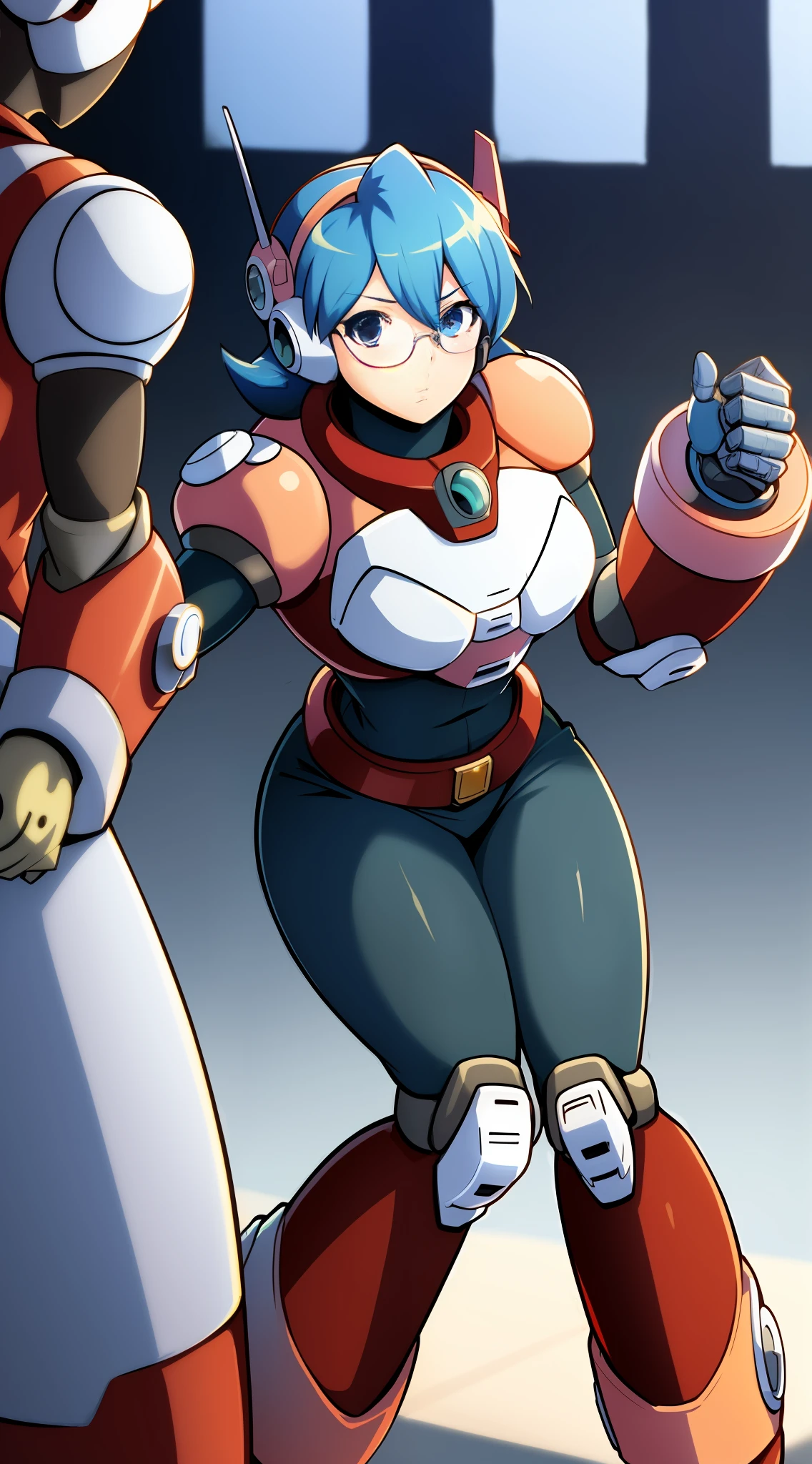1Girl, Heavily armored, cybernetic heavy armor glasses partially see-through, arm gloves, knee-height skirt, heavy cybernetic boots, heavy cybernetic arms, heavy cybernetic torso, waist belt, monocle, megamanX heavy armor, bulky megamanX armor, reploid armor