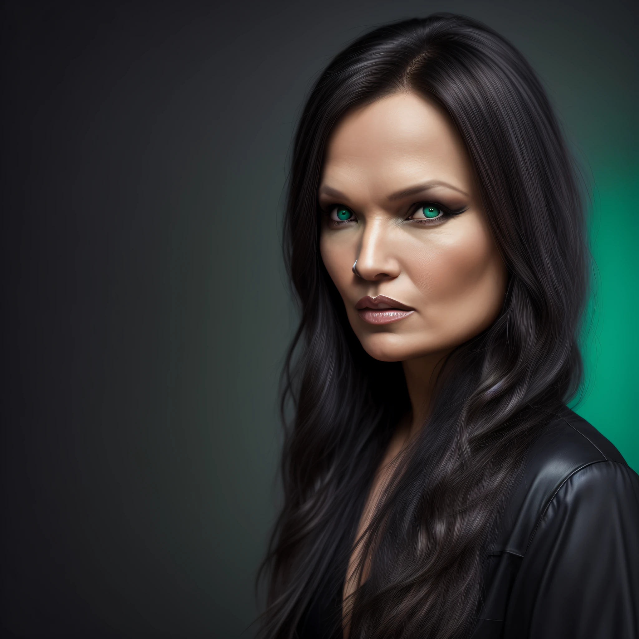 Retrato Tarja Turunen, sozinha, Solitude, cabelo preto, olhos verdes, foto profissional, Ultra high definition, 8k, Obras de arte intrincadas, altamente detalhado,