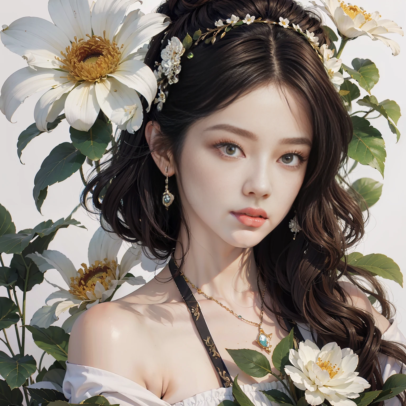 masterpiece,best quality,ultra-detailed,realistic,extremely detailed CG unity 8K wallpaper,upper body,fantacy,1 girl,flower halter dress,Flowers grow on the body,(white background:1.5),Close - up shots，Aesthetic style