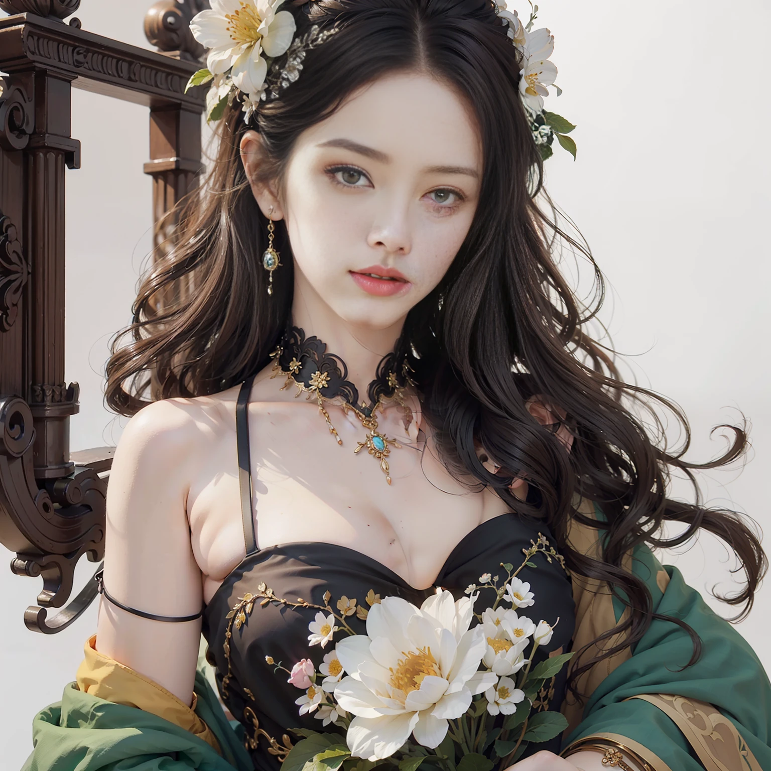 masterpiece,best quality,ultra-detailed,realistic,extremely detailed CG unity 8K wallpaper,upper body,fantacy,1 girl,flower halter dress,Flowers grow on the body,(white background:1.5),Close - up shots，Aesthetic style