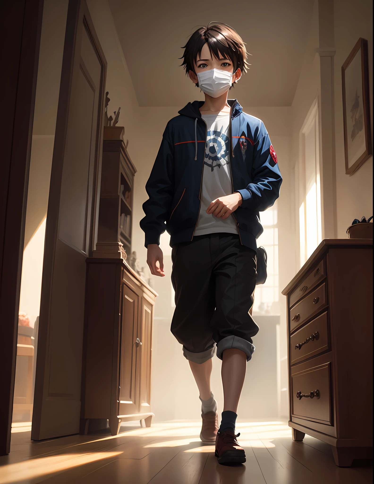 A  playing with toys in a living room wearing a spider-man mask , arte simples inspirada no estilo visual Marvel , oil painting, baroque, anime, key, visual, full-body portrait, concept art of character, brutalista grimdark fantasia, kuudere nobre ditador, Trend pixiv fan box, rule of thirds golden ratio , por greg rutkowski wlop makoto shinkai takashi takeuchi studio ghibli jamie wyeth
