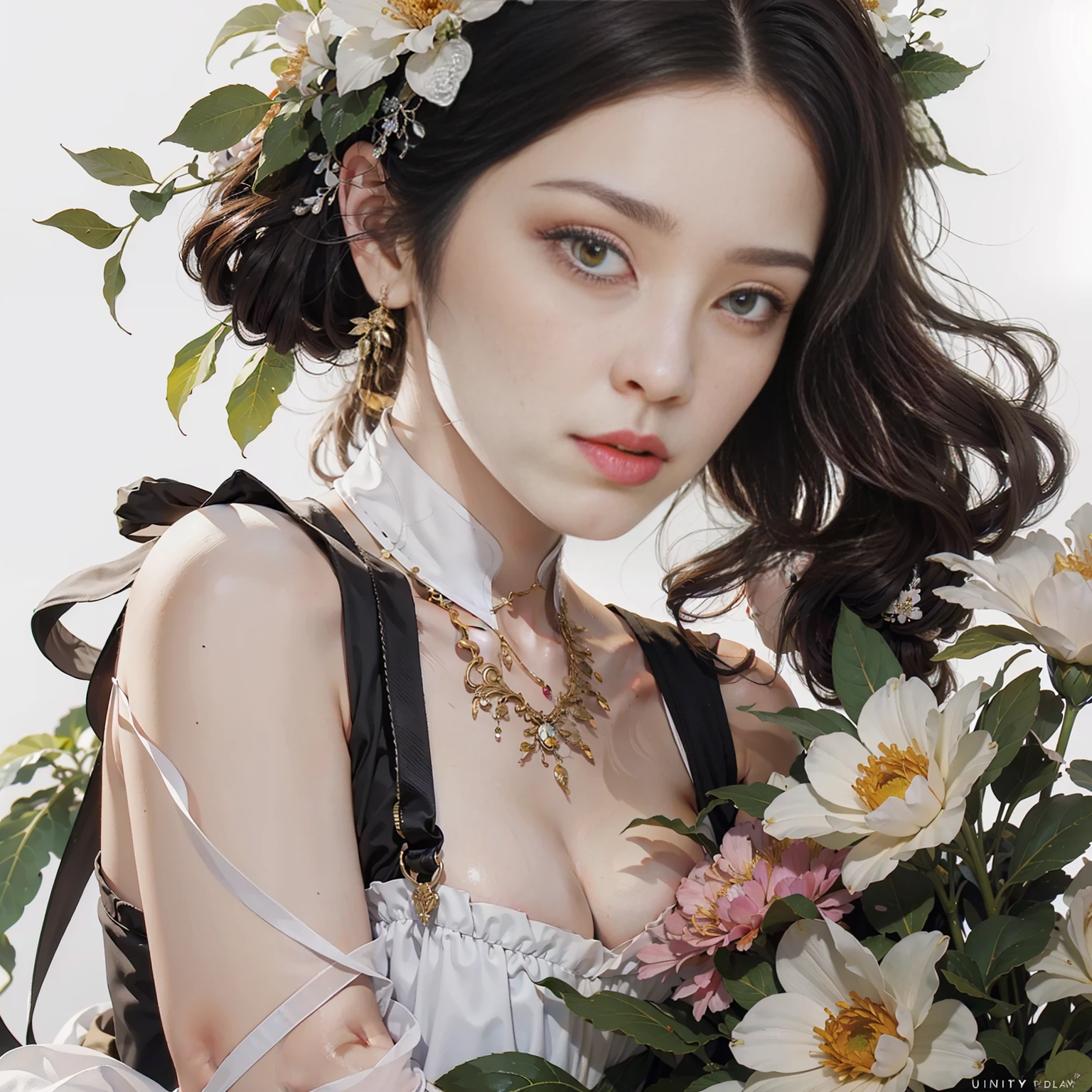 masterpiece,best quality,ultra-detailed,realistic,extremely detailed CG unity 8K wallpaper,upper body,fantacy,1 girl,flower halter dress,Flowers grow on the body,(white background:1.5),Close - up shots,Aesthetic style
