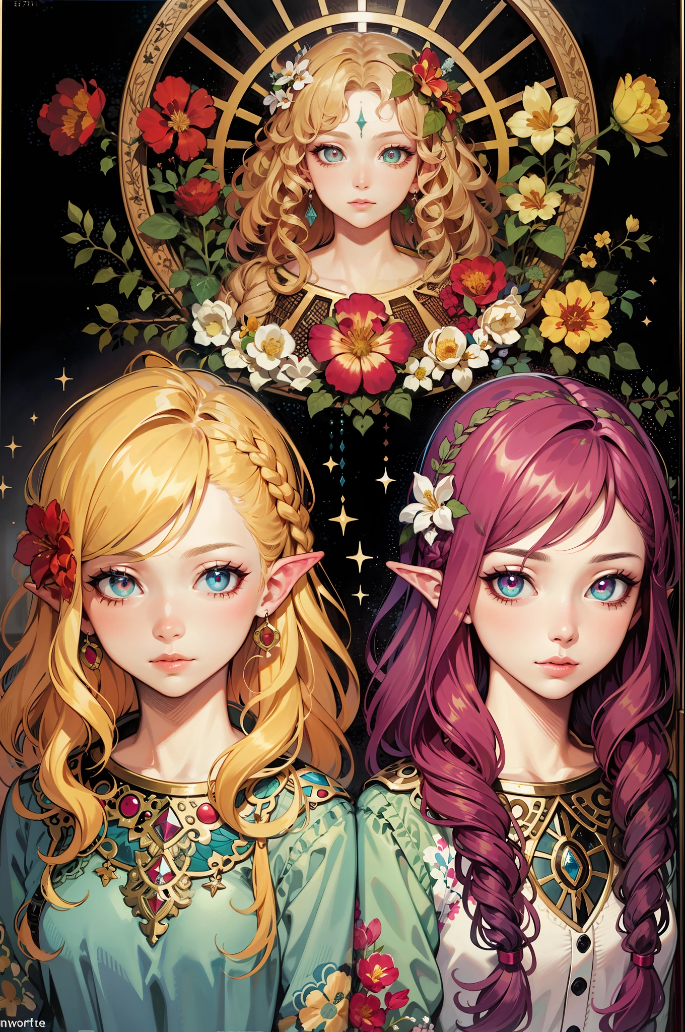 （a masterpiece of，Best Quority，A high resolution：1.4），A detailed，Complicated details，4K，splash of color，line art，Artistically，Fibonacci，Long curly blonde hair，Pink pupil eyes，Teen girls，the Flower Fairy，aseprite，beatifull