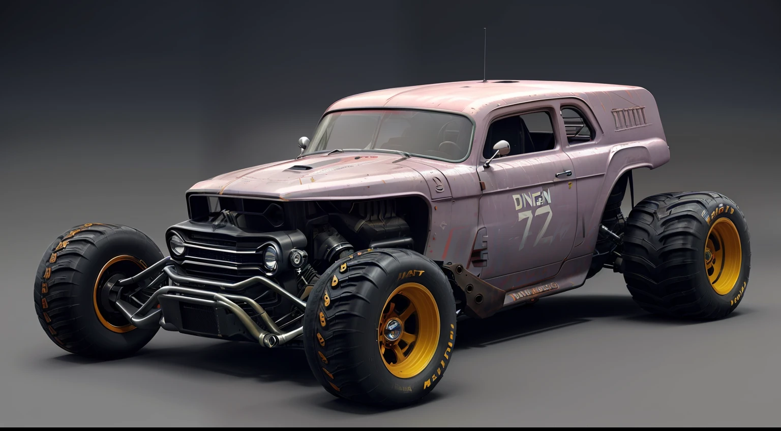 (((low-slung tuned futuristic cyberpunk mate brown badass rat rod zeekar))) hotrod, at the parking lot, wide tires, mad max style, muscle car, (chevy camaro) z28, ((1car:1.3)), supercharger, white background, mate finish, dusty, mate simple paintjob, (muddy), 3d render, brown, smooth lines, smooth bodywork, monster truck, octane render, huge slick tires