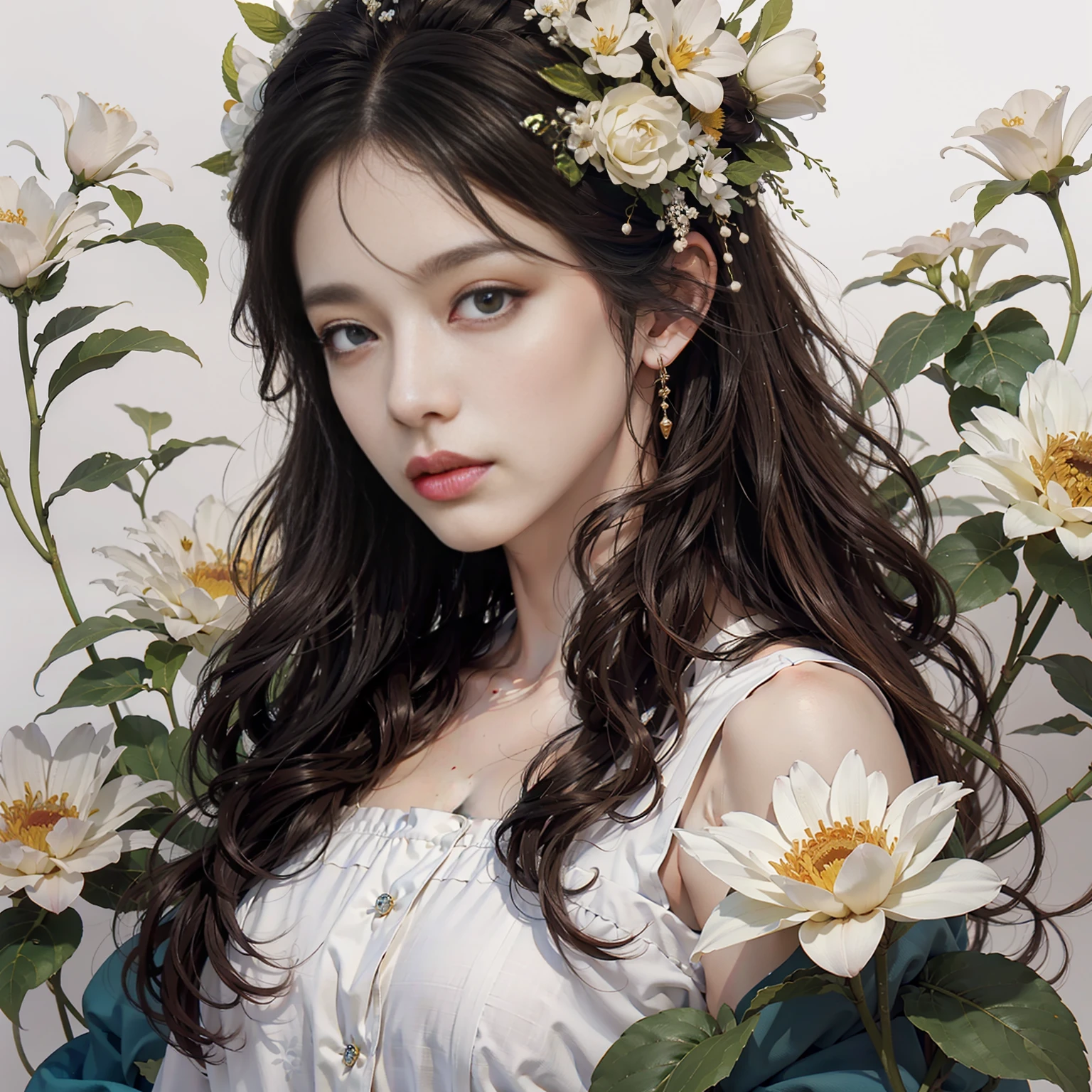 masterpiece,best quality,ultra-detailed,realistic,extremely detailed CG unity 8K wallpaper,upper body,fantacy,1 girl,flower layered dress,Flowers grow on the body,(white background:1.5),Close - up shots,Aesthetic style