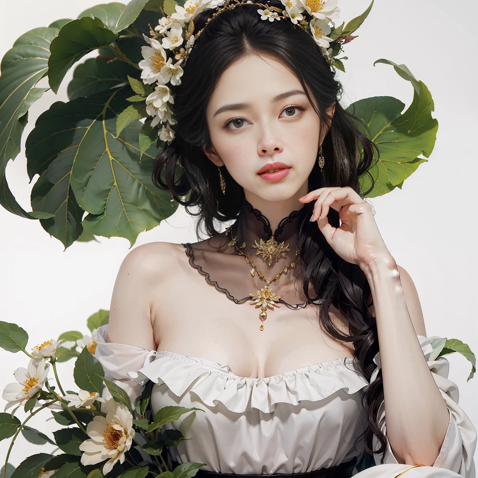 masterpiece,best quality,ultra-detailed,realistic,extremely detailed CG unity 8K wallpaper,upper body,fantacy,1 girl,flower layered dress,Flowers grow on the body,(white background:1.5),Close - up shots,Aesthetic style