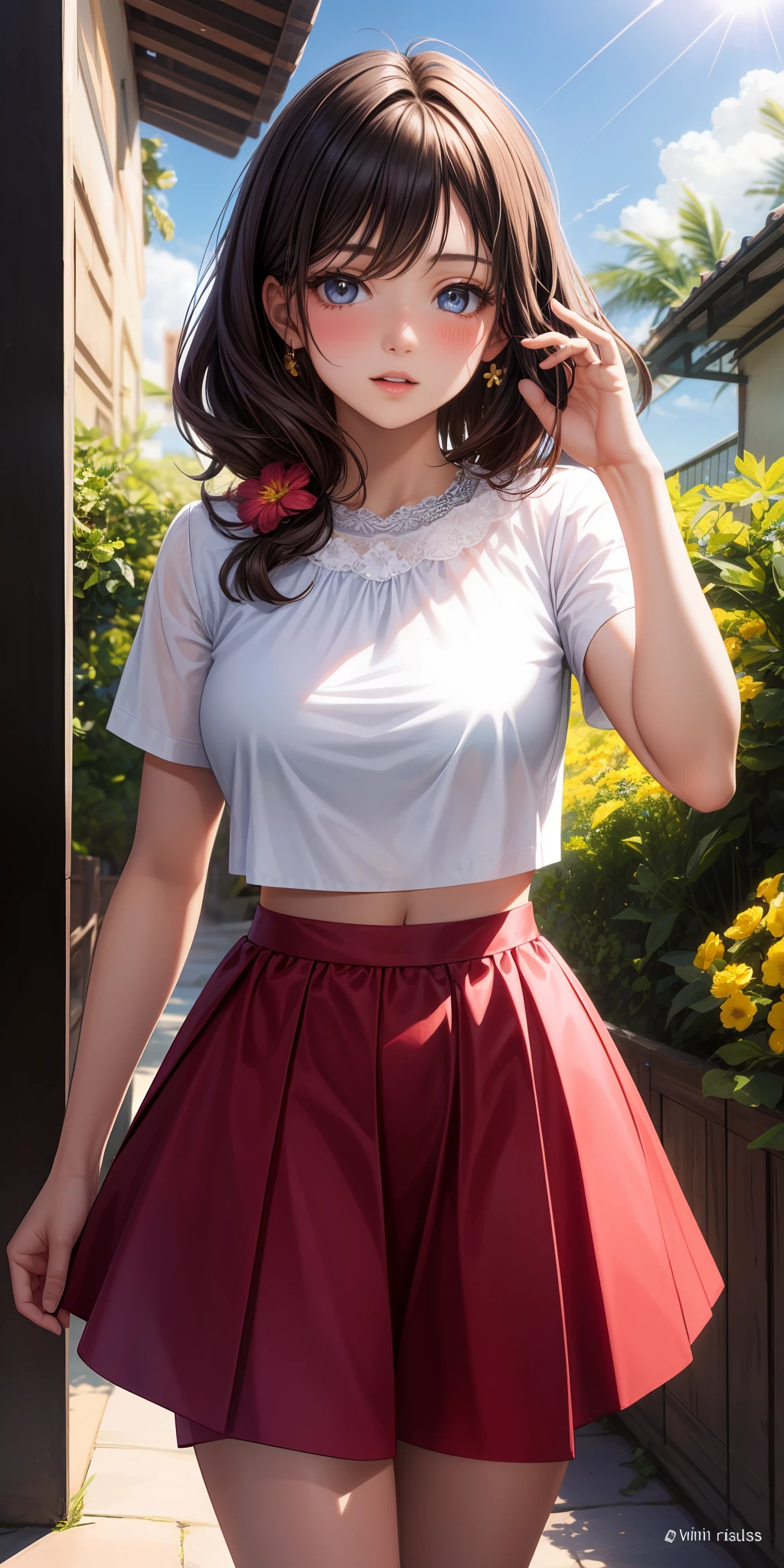 realista, 1girl, cabelo preto, olhos castanhos lindos, top cropped, saia, half-open lips, blush, noite, flores, sol, luz solar,