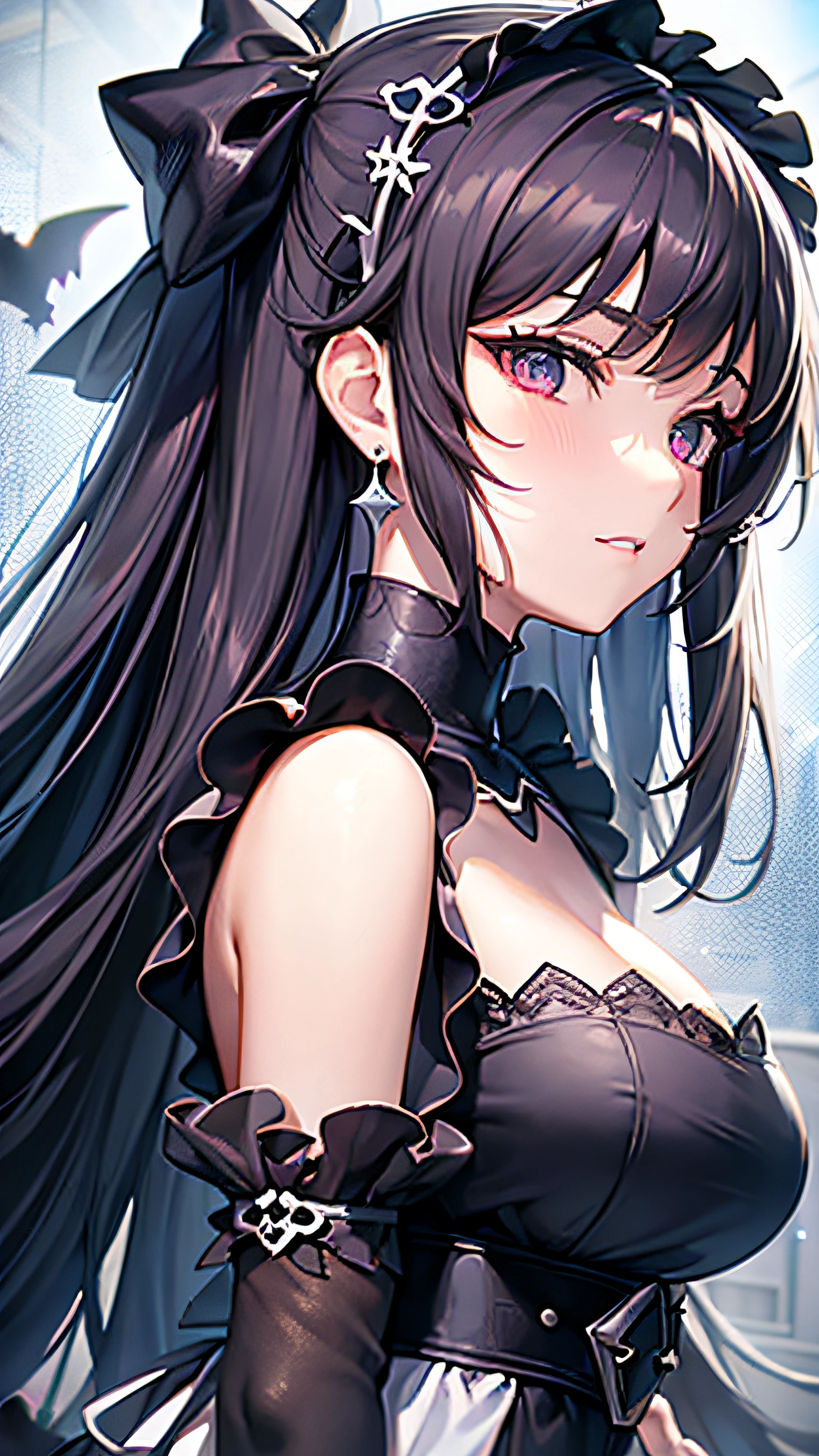 a close up of a woman in a dress with a white and black dress, gothic maiden anime girl, anime girl wearing a black dress, cute anime waifu in a nice dress, anime girl in a maid costume, an elegant gothic princess, guweiz, guweiz on pixiv artstation, guweiz on artstation pixiv, beautiful anime girl