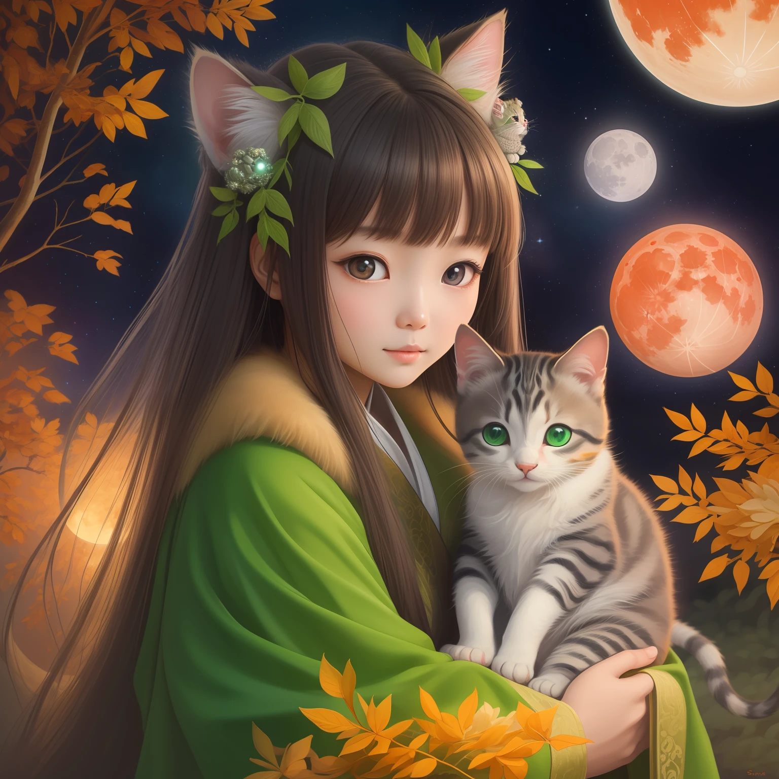 ultra highly detailed, detailed oil painting, liners sketching, an exotic luminous cute Chinese baby with a kitten in her hand, swirling fur, detailed starry sky, orange trees, big fire red moon, moonlight, swirling warm green leaves, big reflective eyes, filigree, filigree detailed, digital painting, highly detailed, intricated pose, clarity, high quality