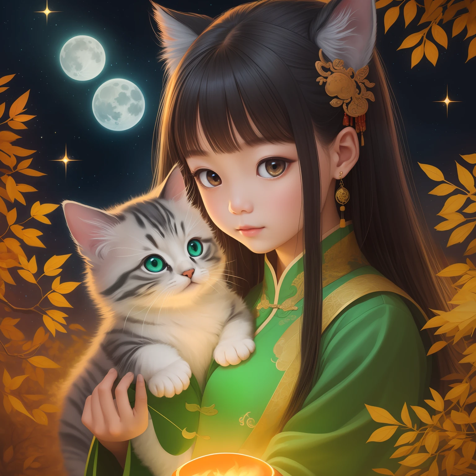 ultra highly detailed, detailed oil painting, liners sketching,  an exotic luminous cute Chinese baby with a kitten in her hand, swirling fur, detailed  starry sky, orange trees, big fire red moon, moonlight, swirling warm green leaves, big reflective eyes, filigree, filigree detailed, digital painting, highly detailed, intricated pose, clarity, high quality