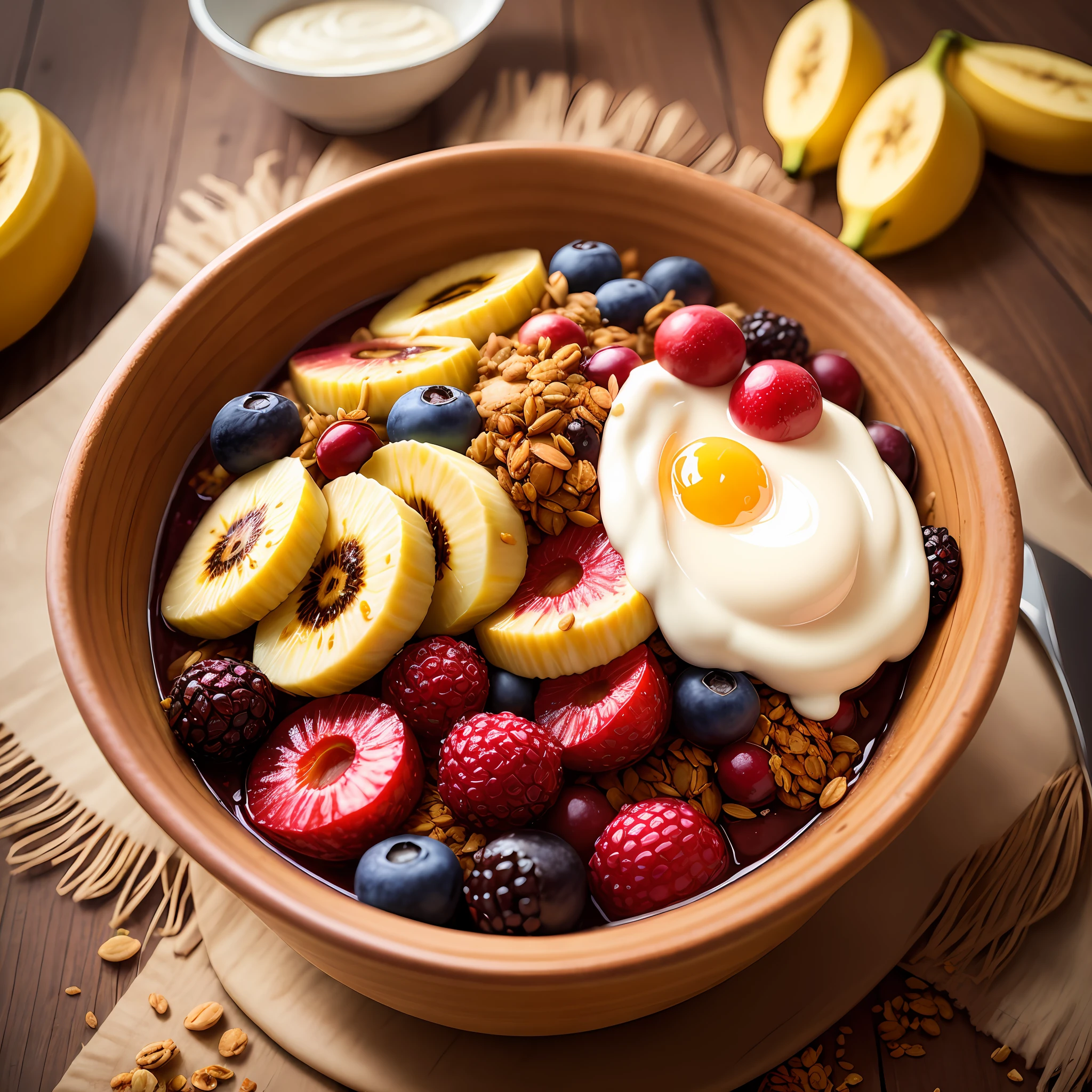 Create a vibrant digital illustration of a traditional Pará scene focusing on an açaí pot, A popular dish from the northern region of Brazil. The illustration must have a semi-realistic or 3D style. Highly creamy acai berry. Cerque o ambiente com uma variedade defrutas, banana, morango, farinha, granola. Capture the vibrant colors and textures of items