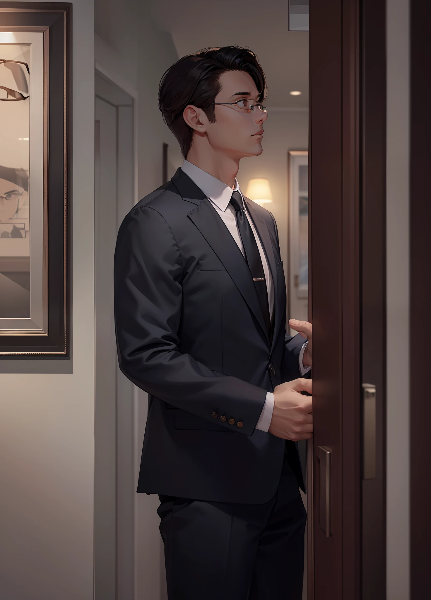 hyper-detailing，A high resolution，hyper-detailing，Best Quority，astonishing，top Quority，mtu，Handsome，Business suit，(Wear wire-framed glasses:1.5)，Sideways photo