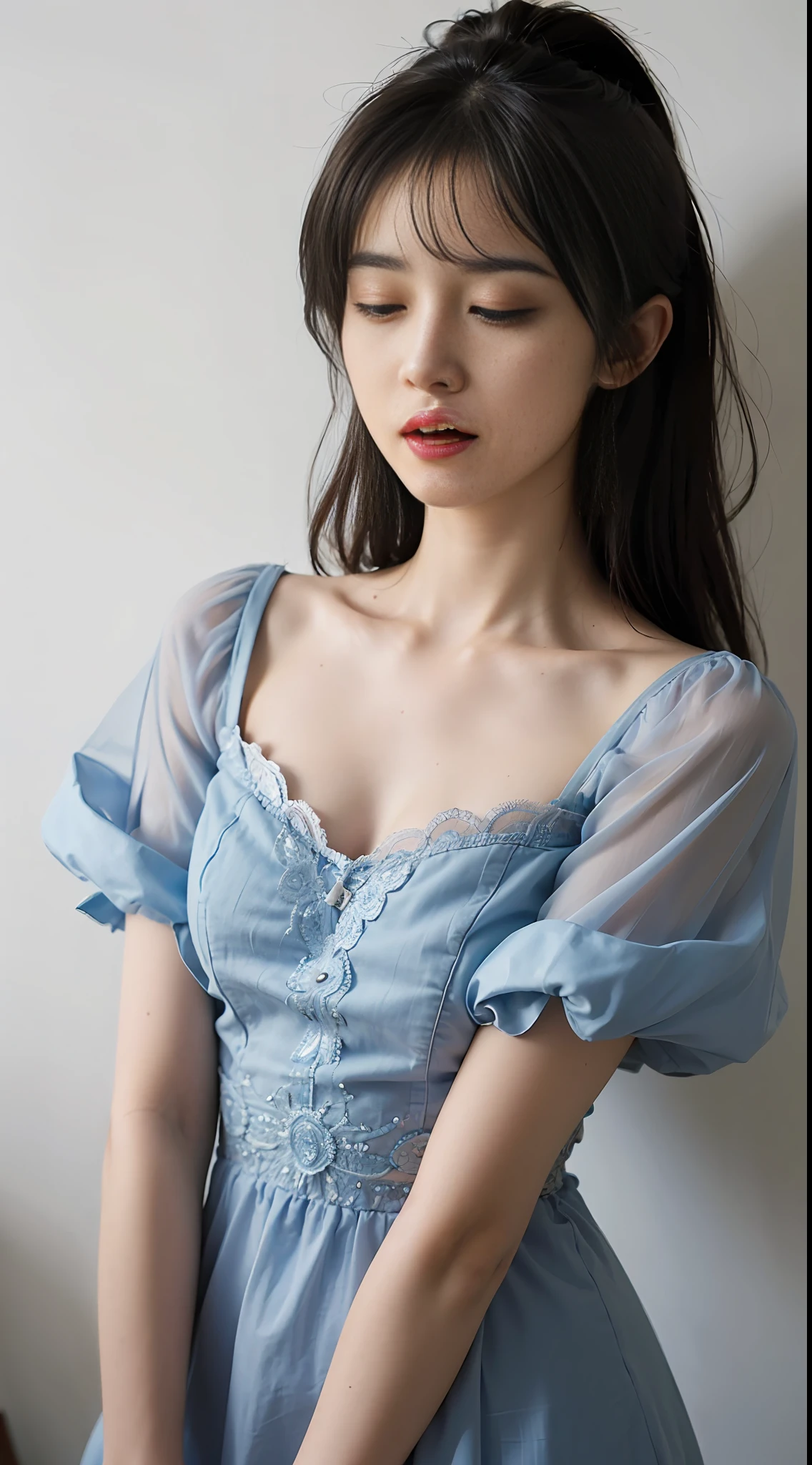 (巨作, High quality, A high resolution,Highest picture quality),4K,(Master's work),Blue gauze dress, intricate detailes, Gorgeous and complex, cute girls,solo person,D cup chest,Naughty face, Closed eyes, Lick lip,toothache