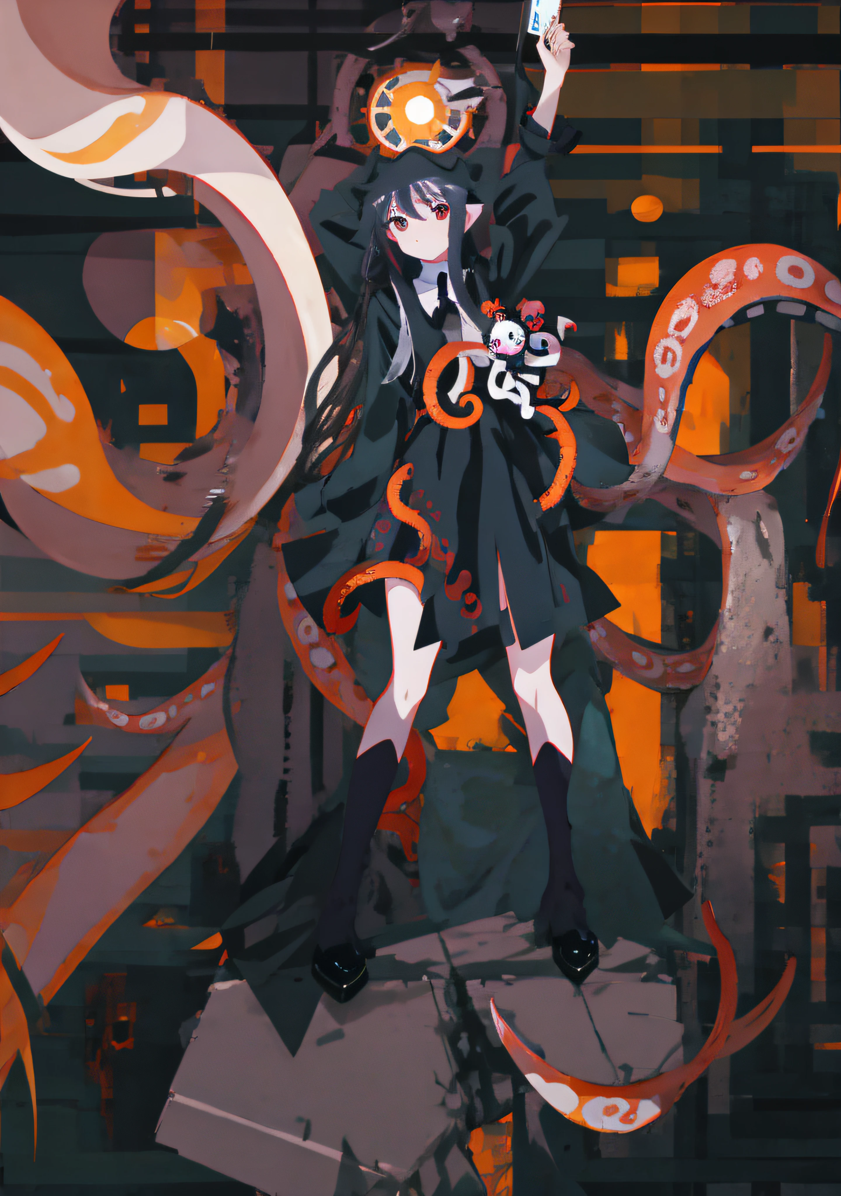 anime girl with long hair and a black dress standing on a bridge, tentacles around, fine details. anime. tentacles, big tentacle sneak around, tentacle beast, tentacles, long shot jorogumo, some tentacles are touching her, tentacle monster, many tentacles, tentacles climb from the portal, giant tentacles