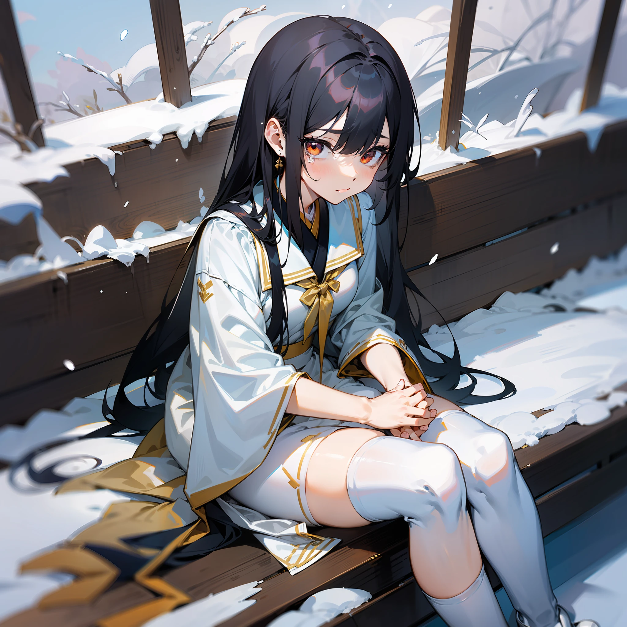 HighestQuali，a masterpiece of，HDR，extremely high res，Japanese anime，Teen girls，In the snow，Long black hair falls to the shoulders，Issuing，Red-gold eyes，Wearing a white school uniform and a long white dress，White over-the-knee stockings，White shoes，Small，legs long，fullllbody，Sit on a bench，grieves，Yig，There are tears in the corners of the eyes，Put your hands on your chest，Close-up shots