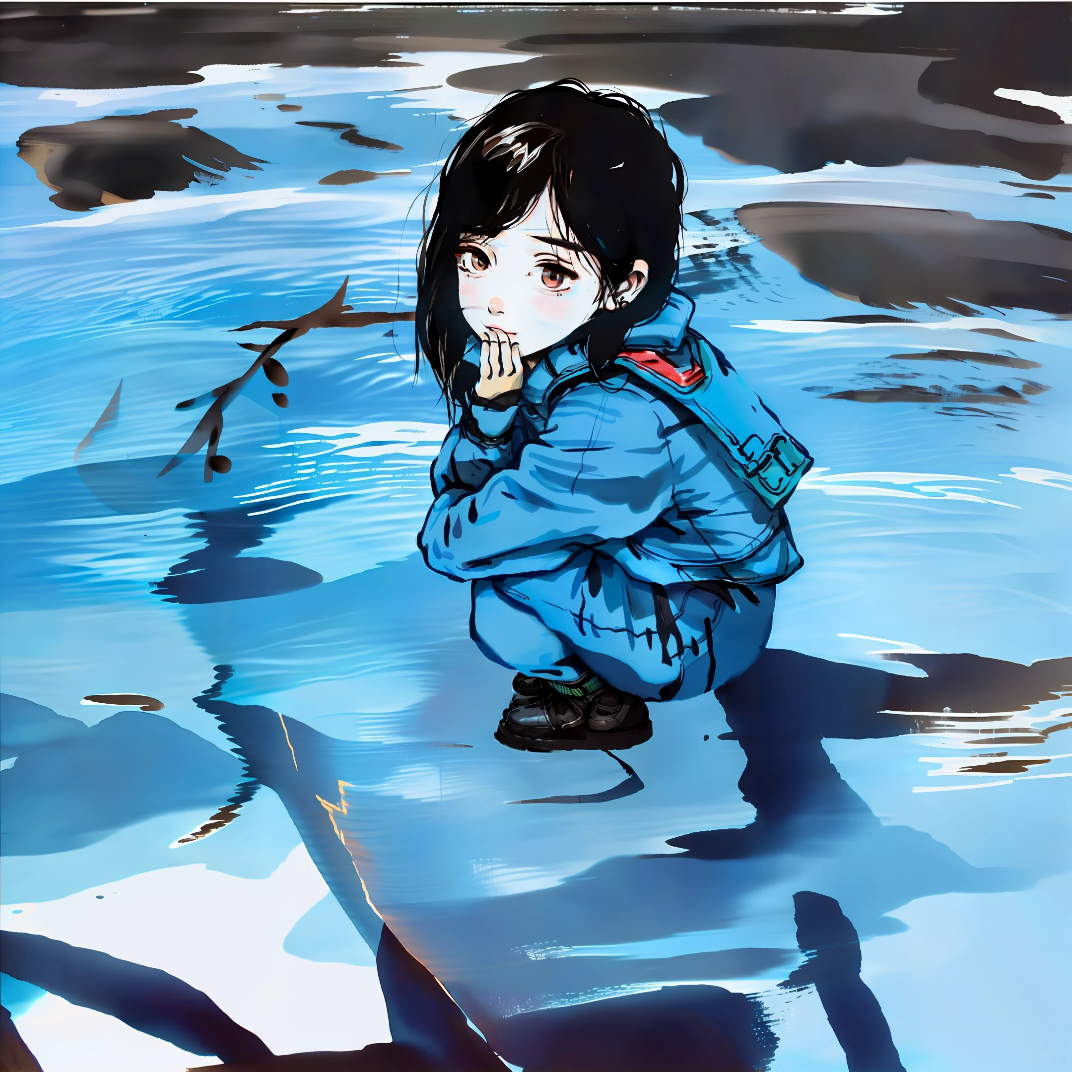 The little girl squats sideways with water in her hand