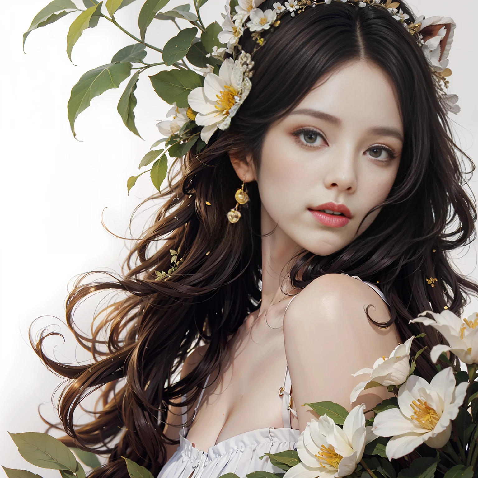 masterpiece,best quality,ultra-detailed,realistic,extremely detailed CG unity 8K wallpaper,upper body,fantacy,1 girl,flower open dress,Flowers grow on the body,(white background:1.5),Close - up shots,Aesthetic style