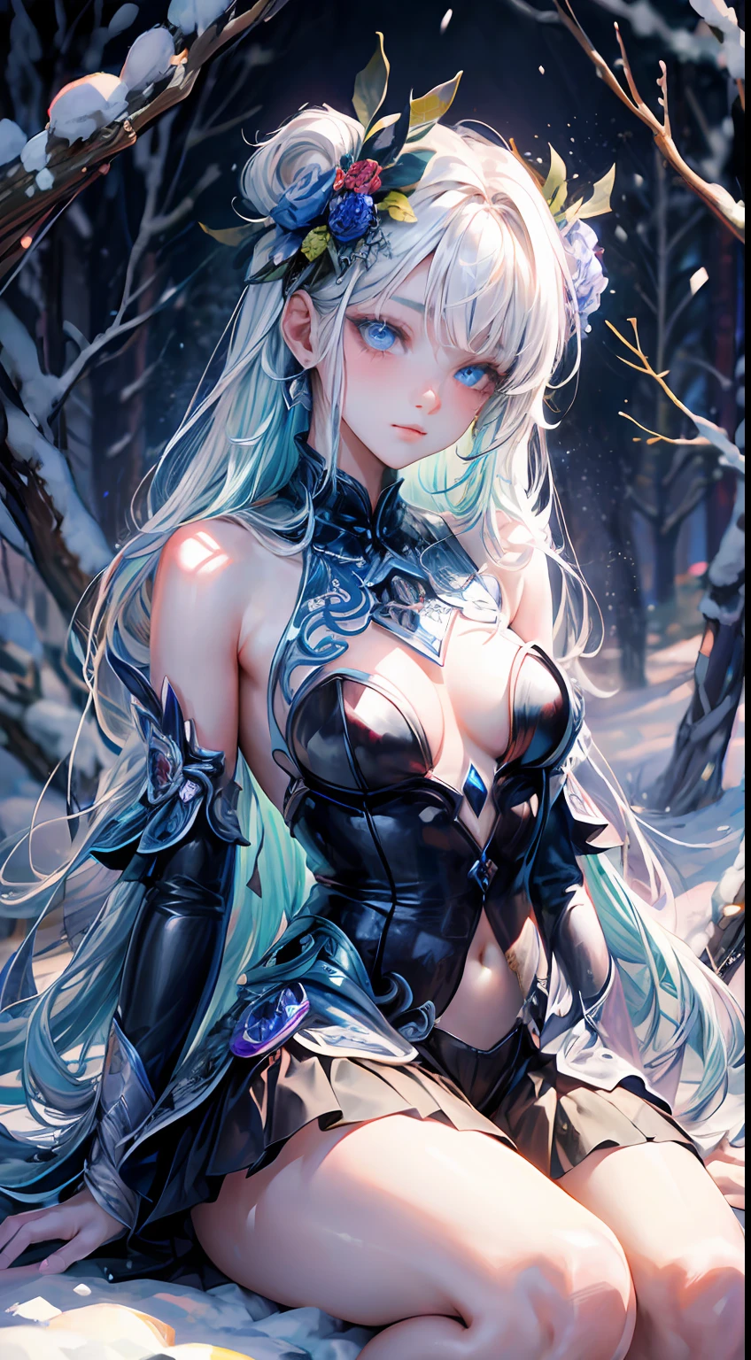 absurds,High res,ultra Detailed,official arts,统一 8k 壁纸,ultra Detailed,Beauty and aesthetics,master masterpiece,best best quality,(zentangle,Ice and snow,Tangles,Entanglement),(s fractal art:1.3),PhotoRealistic,(master masterpiece,top quality,best best quality,official arts,Beauty and aesthetics:1.2),Very Detail,s fractal art,variegated,most details,zentangle,(Abstract Background:1.5)(1boy:1.3),Kamimei,(Glowing blue eyes),Enigmatic,(MAGIC),((Sit on a tree)),Ice and snow