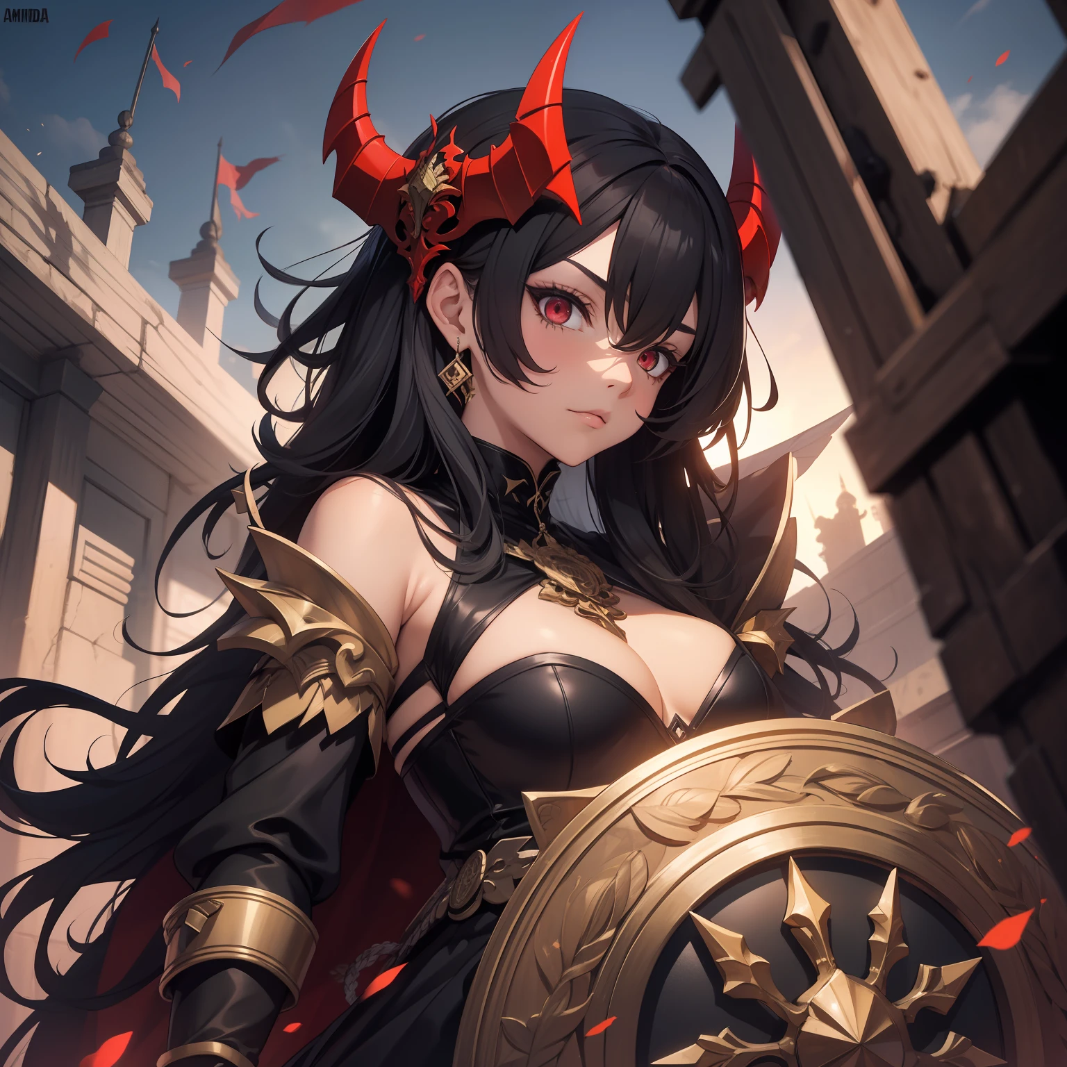 19-year-old demon, pelis negra, armadura roja, ojos rojos, alas grandes, armada con dos dagas rojas, grandes cuernos negros, rostro enfurecido, pose de pelea