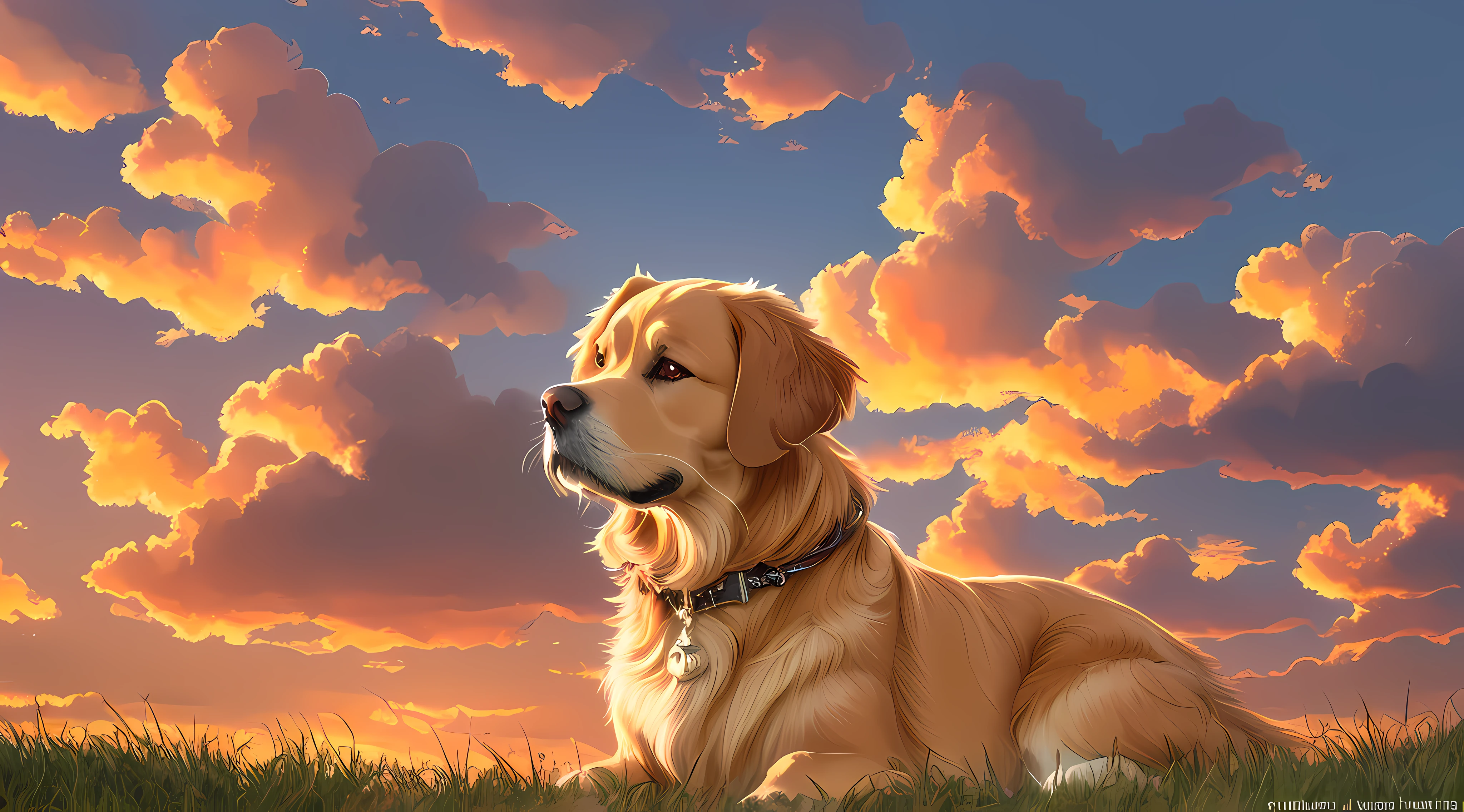 A realistic digital painting of a golden retriever standing on a grassy hill, with a beautiful sunset in the background. The dog's face has a friendly expression，The fur is rendered in great detail, with shades of gold and cream. The sunlight illuminates the dog's face and chest, creating a warm and inviting atmosphere. The background consists of a vibrant orange and yellow sky, avec des nuages et des arbres en silhouette. The image is highly detailed and textured, avec des coups de pinceau visibles partout. The overall effect is a stunning and evocative portrayal of a beloved breed of dog in a beautiful natural setting.