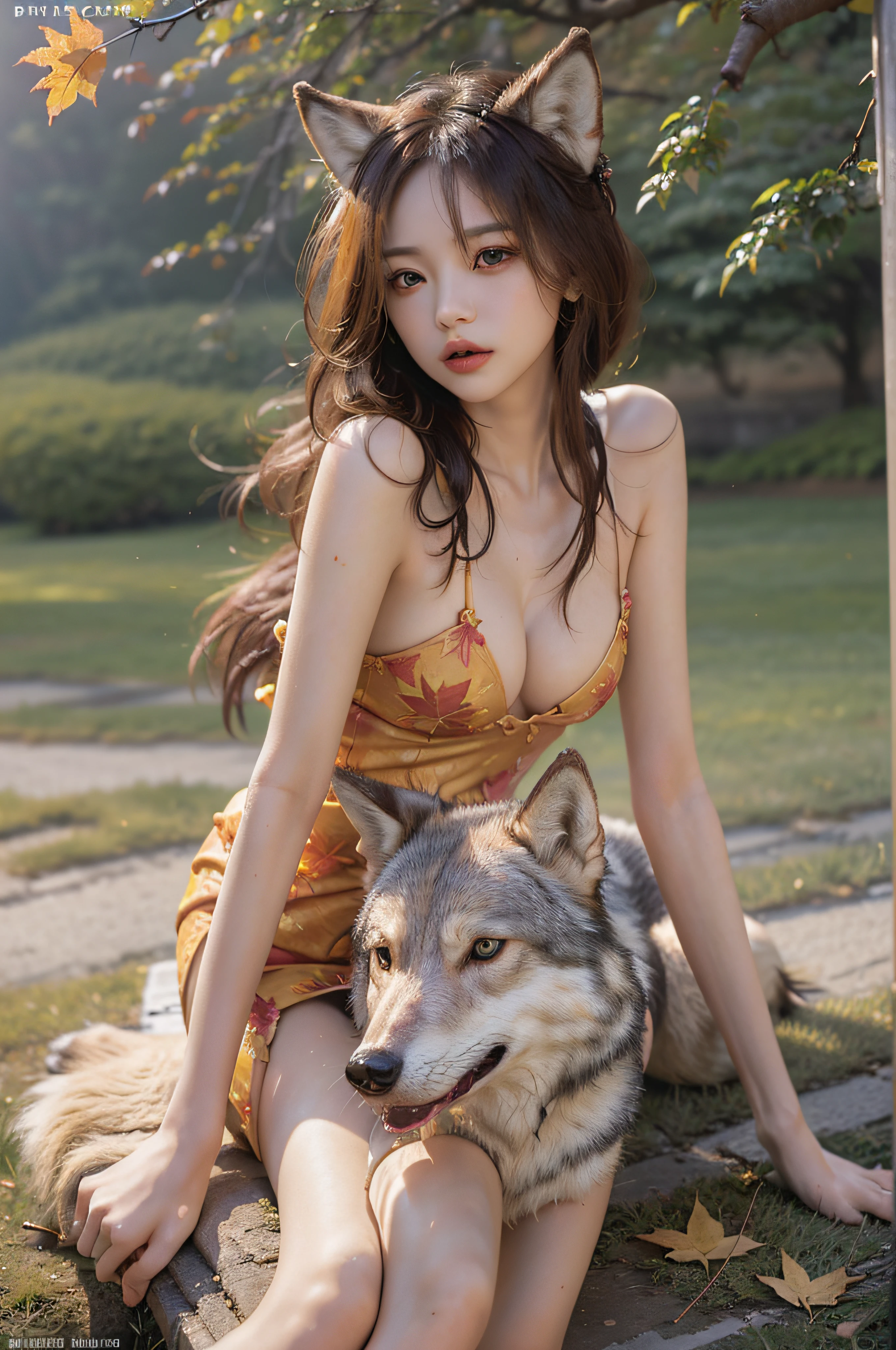 englai Fairyland,Chinese mythology,Colorful auspicious clouds,
autumn, autumn_leaves, falling_leaves, holding_leaf, leaf, leaf_background, leaf_hair_ornament, maple_leaf, aki_shizuha, leaf_print, starfish, anger_vein, ginkgo_leaf, leaf_on_head, spoken_anger_vein, tree, waterfall, sweet_potato, dragonfly, acorn, solo, braid, blurry_foreground, 1girl, day, painting, depth_of_field, blurry, long_hair, branch, hair_ornament, leaves_in_wind, forest, outdoors, nature, campfire, shirt, looking_at_viewer, onsen, koi, sitting, masterpiece, best quality, (best quality), ((masterpiece)), (highres), original, extremely detailed 8K wallpaper, (an extremely delicate and beautiful),((detailed face)),beautiful detail eyes,hair fluttering in the wind,messy hair,lens flare,
1girl,full body,(golden eye),(red eye),(wolf ear),(yellow hair),(wolf tail),(wolf ears),(a cute young girl:1.1),(wolf ear),beautiful detailed eyes,orange hair, very long hair,small breasts,(looking at viewer),
(magazine:1.3), (cover-style:1.3), fashionable, woman, vibrant, outfit, posing, front, colorful, dynamic, background, elements, confident, expression, holding, statement, accessory, majestic, coiled, around, touch, scene, text, cover, bold, attention-grabbing, title, stylish, font, catchy, headline, larger, striking, modern, trendy, focus, fashion,