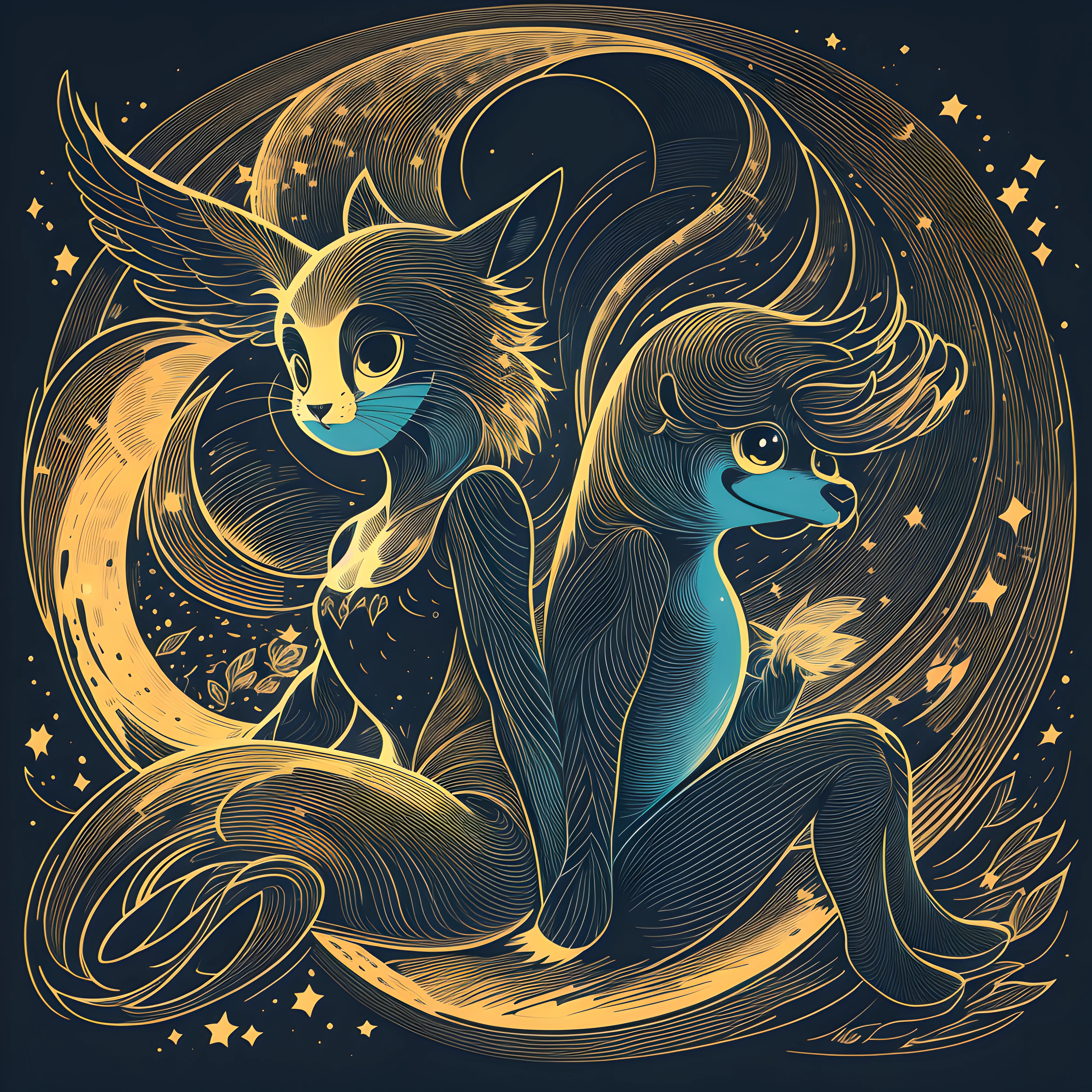 T-shirt logo, round shape,illustration of 2 fairies sitting on the moon, stars surrounding her,using only black lines. Delimit the shapes and characteristics of the animal with carefully drawn lines, creating an elegant and stylized look. subtle details, finer and more precise lines. transparent background