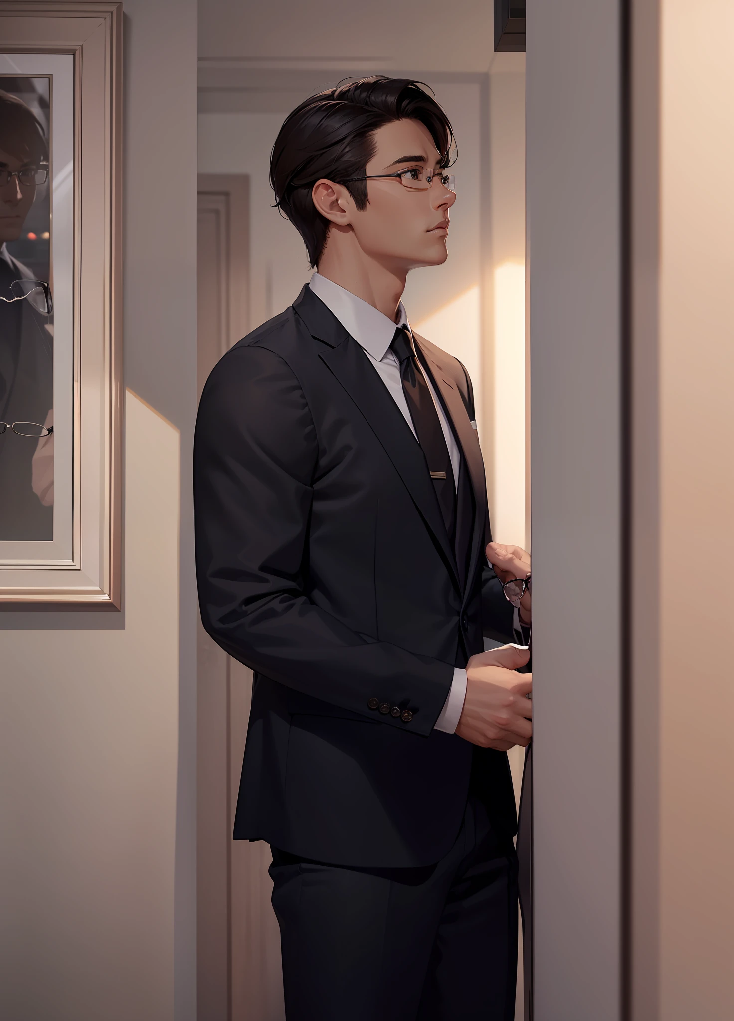 hyper-detailing，A high resolution，hyper-detailing，Best Quority，astonishing，top Quority，mtu，Handsome，Business suit，(Wear wire-framed glasses:1.5)，Sideways photo