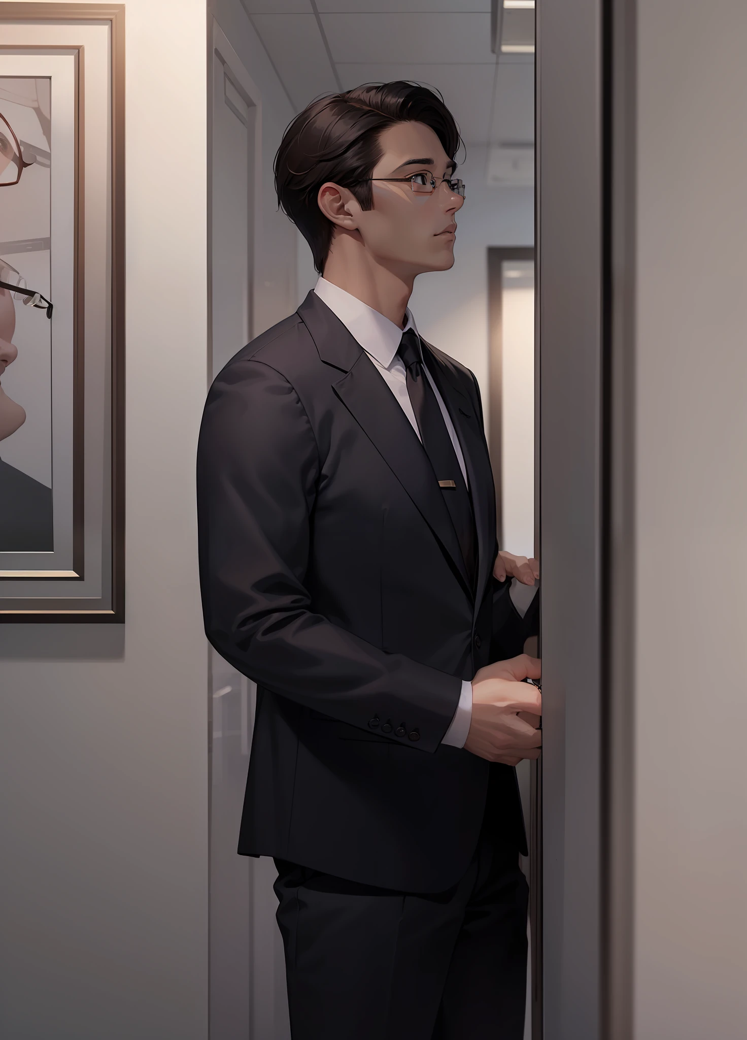 hyper-detailing,A high resolution,hyper-detailing,Best Quority,astonishing,top Quority,mtu,Handsome,Business suit,(Wear wire-framed glasses:1.5),Sideways photo