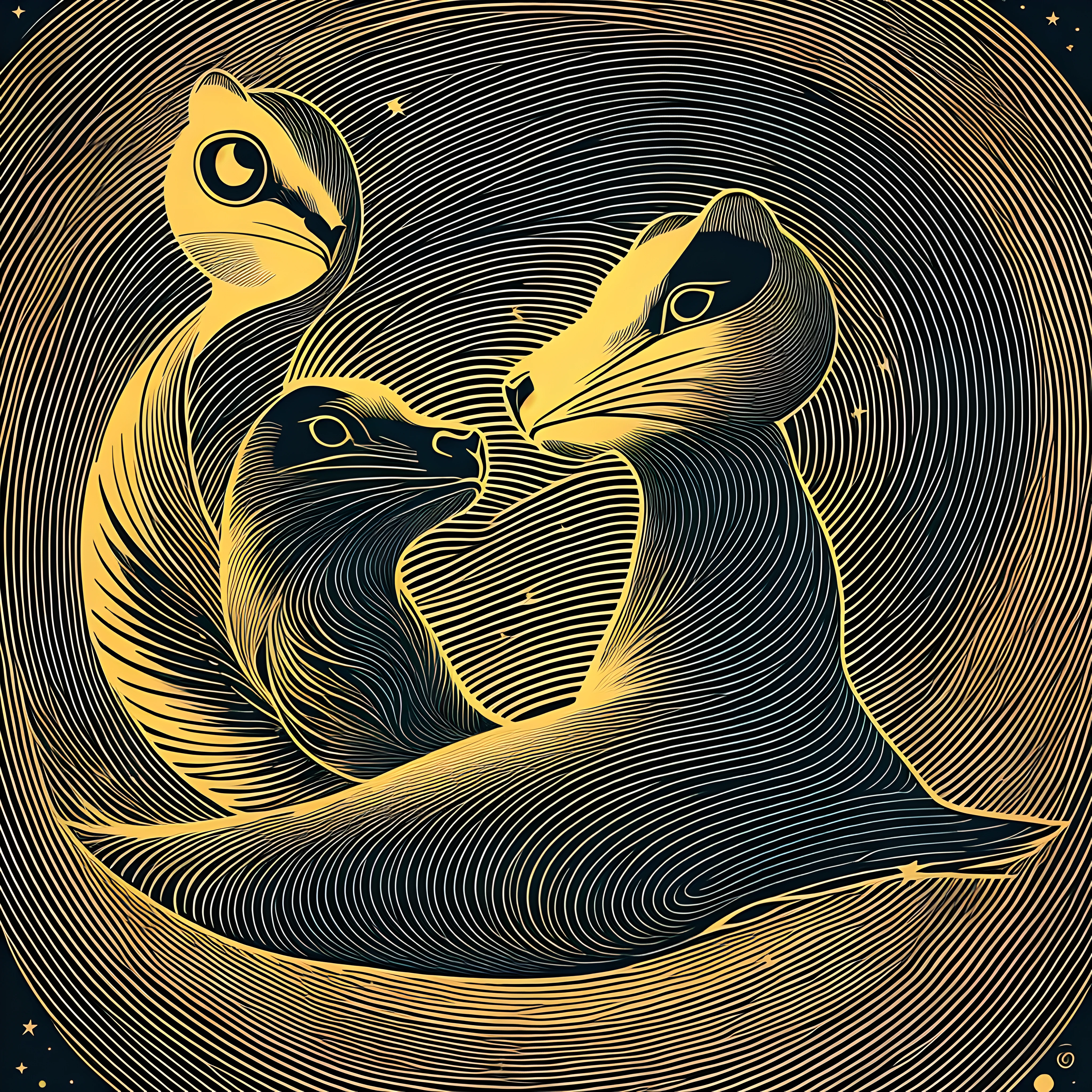 T-shirt logo, round shape,illustration of 2 fairies sitting on the moon, stars surrounding her,using only black lines. Delimit the shapes and characteristics of the animal with carefully drawn lines, creating an elegant and stylized look. subtle details, finer and more precise lines. transparent background