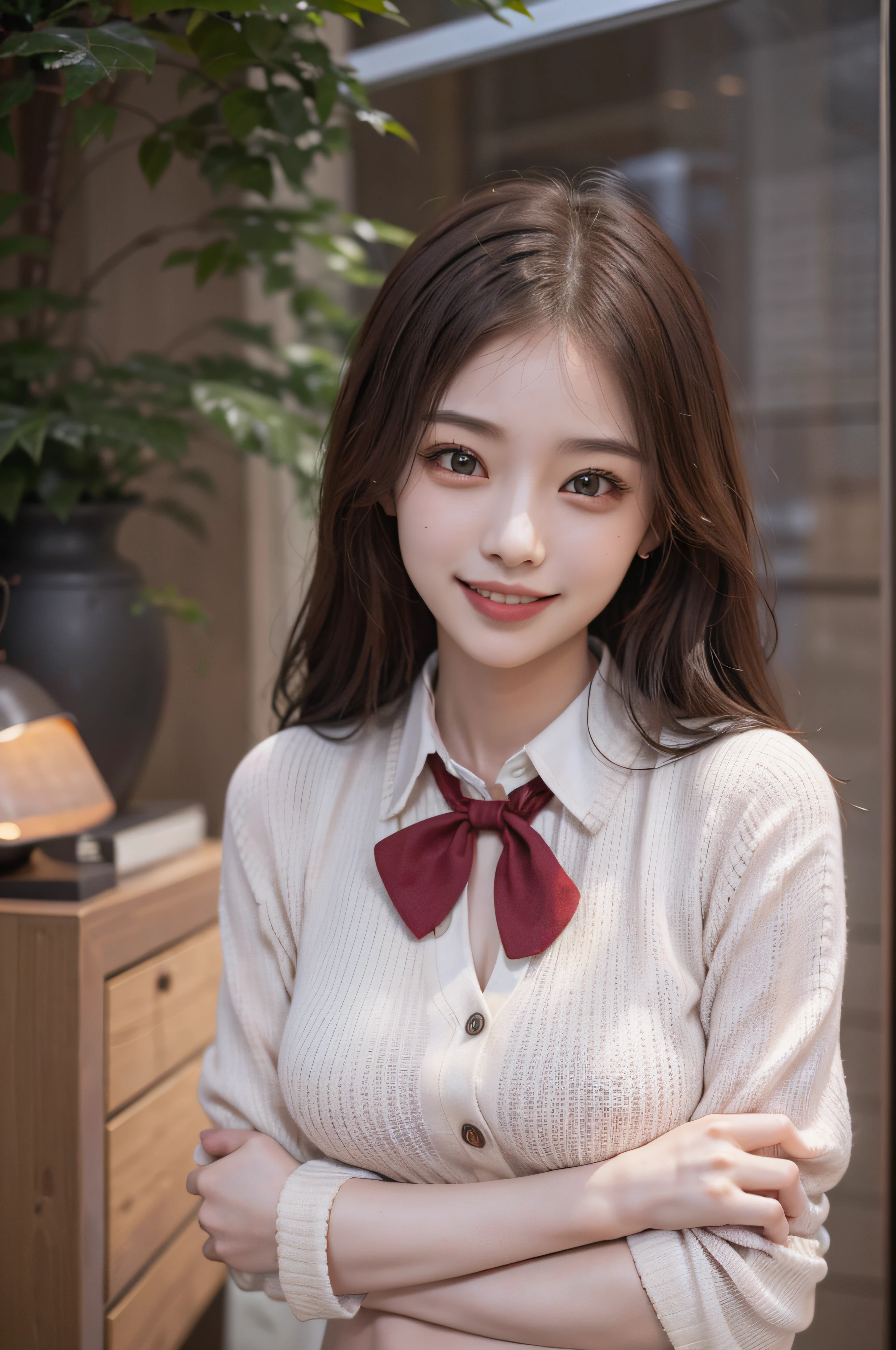 Masterpieces, beste-Qualit, HD fine, fel1, Pretty Woman, whiteshirt, Red bow,Cute clothes、collared shirt, Sweater Vest, Cowboy Shot, Smiling face, Open your mouth、front、Joy