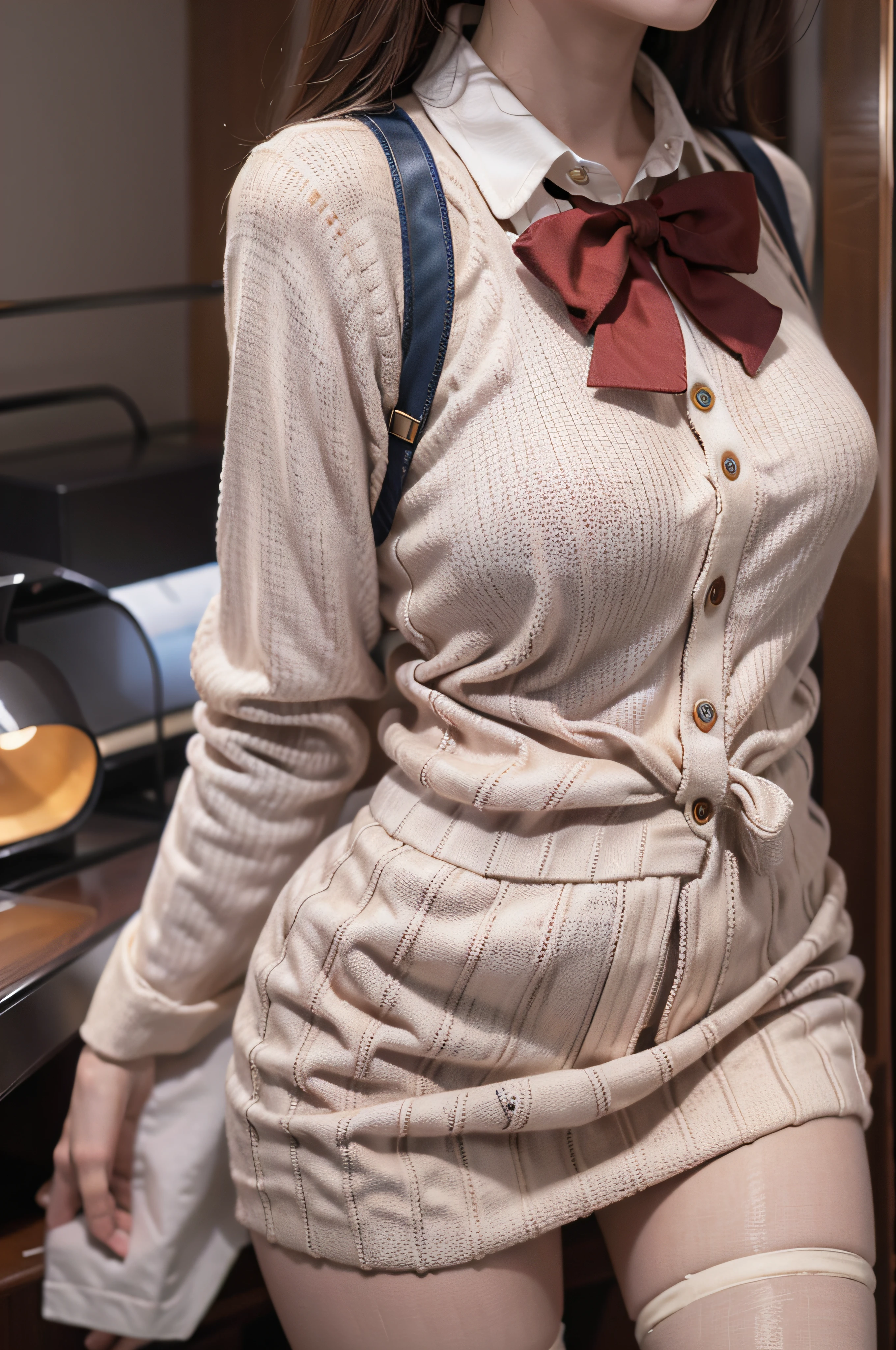 Masterpieces, beste-Qualit, HD fine, fel1, Pretty Woman, whiteshirt, Red bow,Cute clothes、collared shirt, Sweater Vest, Cowboy Shot, Smiling face, Open your mouth、front、Joy