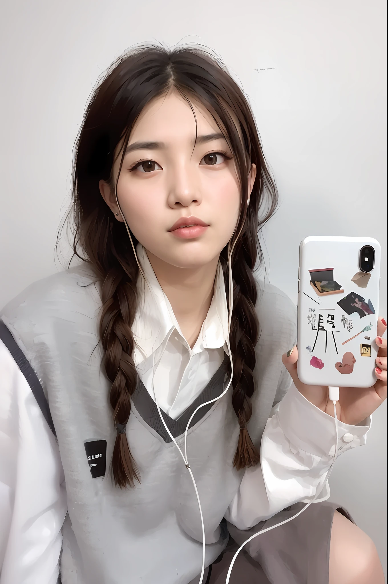 arafed asian woman with headphones holding up a cell phone, Urzan, Korean girl, braid hairstyle, Cai Xukun's, Kawaii realistic portrait, jaeyeon nam, she is holding a smartphone, Jin Young Shin, bae suzy, high quality portrait, lee ji-eun, Lee Ji-eun, two pigtails hairstyle, sakimichan