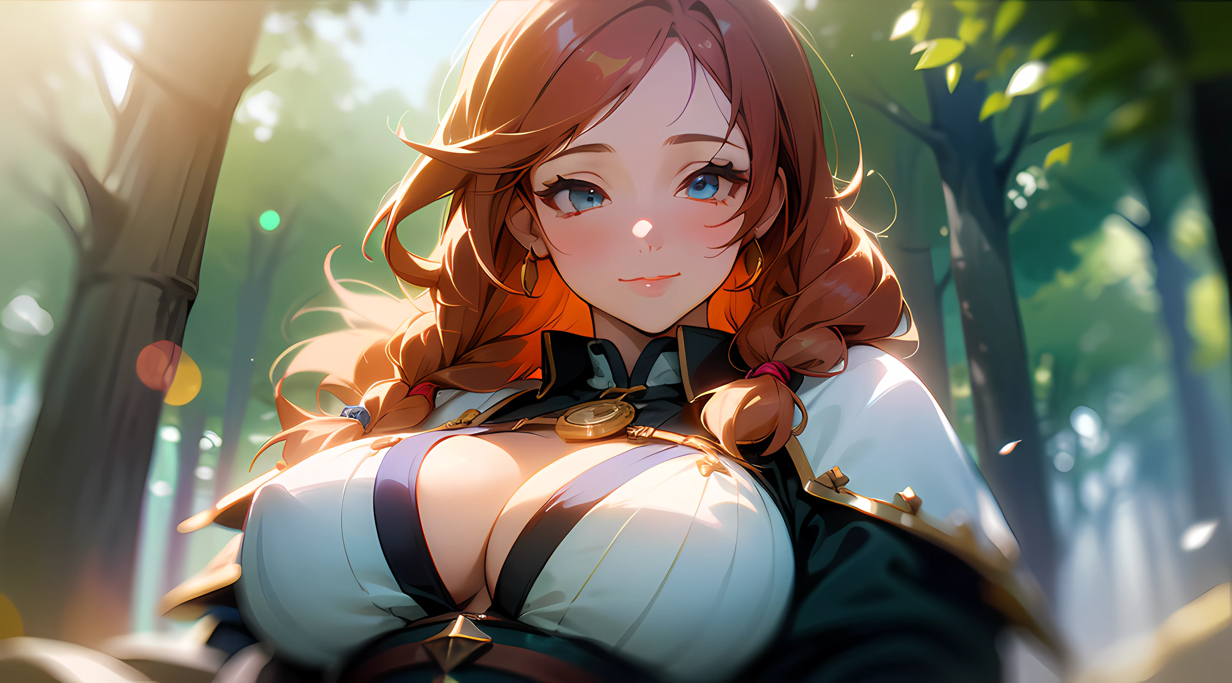 (((1girl))), medieval rpg character, traveller outfit, thicc, big boobs, redhead, braided hair, warm motherly smile, forest in the background, (((masterpiece))), volumetric light, depth of field, bokeh, (((cinematic light))), (((cinematic warm light))), (((lens flare))), medium close-up shot