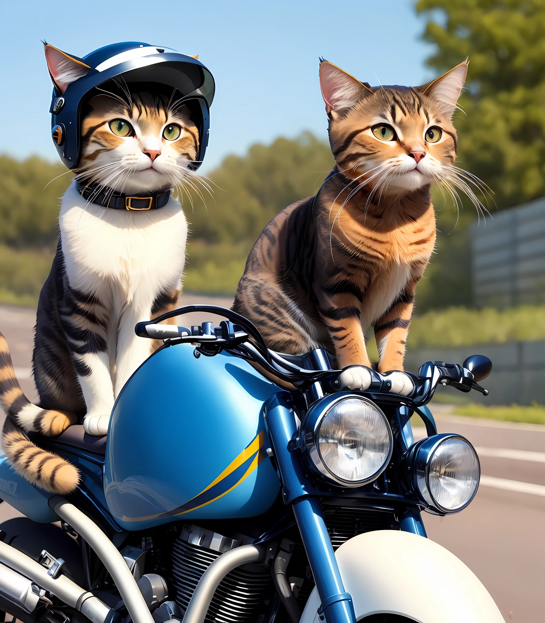 there are two cats sitting on a motorcycle with a helmet on, illustration of 2 cats, Andar na estrada, dois gatos, Gatos, gatos cowboy, Motocicletas, CAAATS, GatosGatosGatos, pilotando uma motocicleta, fotorreal", Tom e Jerry da vida real, pintado digitalmente, stylized digital illustration, um hiper realista, imagem foto realista, estilo fotorrealista