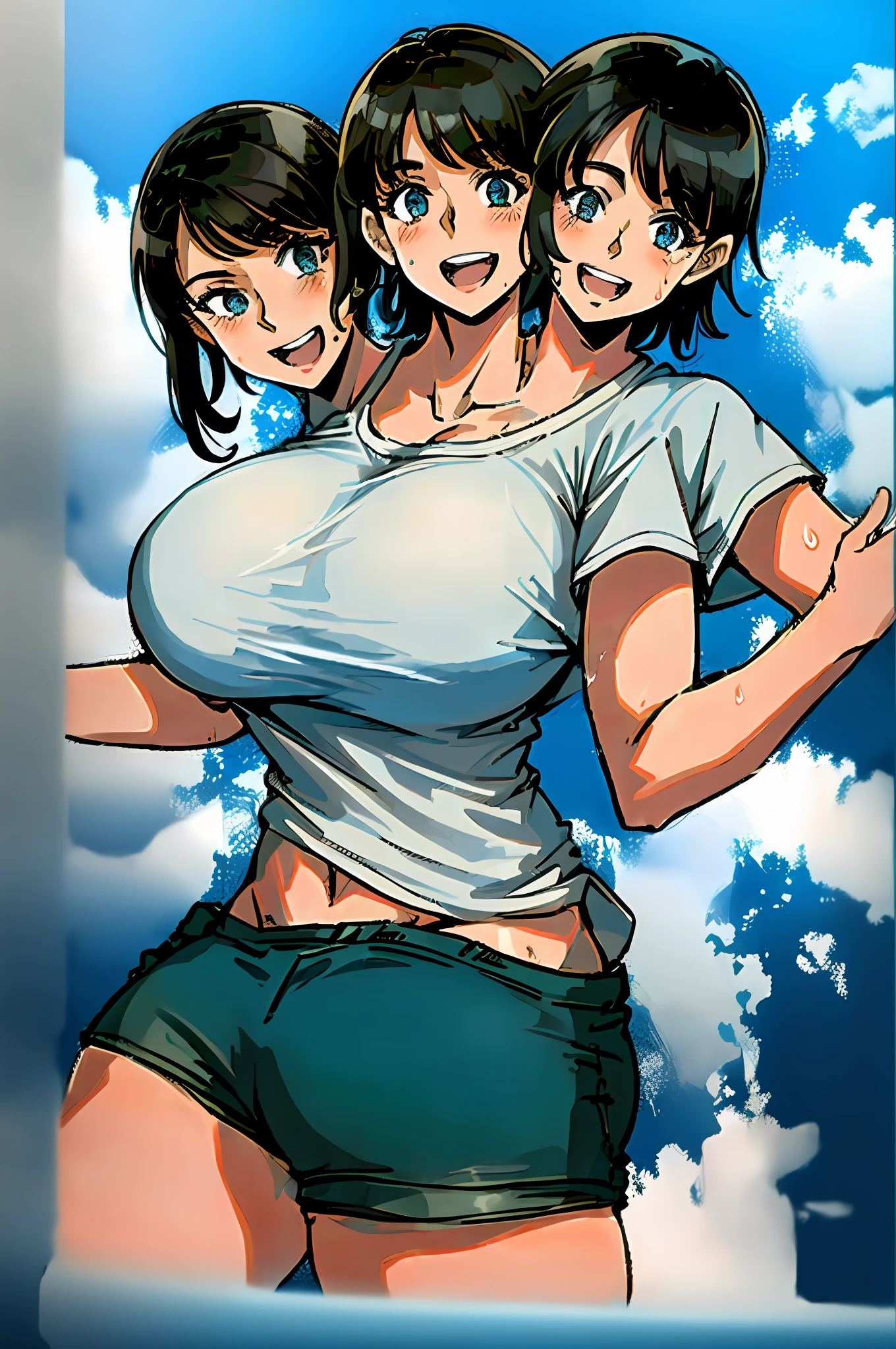 2heads, a short chubby woman with 2 heads. Her breasts are enormous. She is wearing a white T-shirt and booty shorts. She is getting splashed by water. She is laughing out loud. Her shirt is transparent from being wet. She is wet. Her breasts are huge.