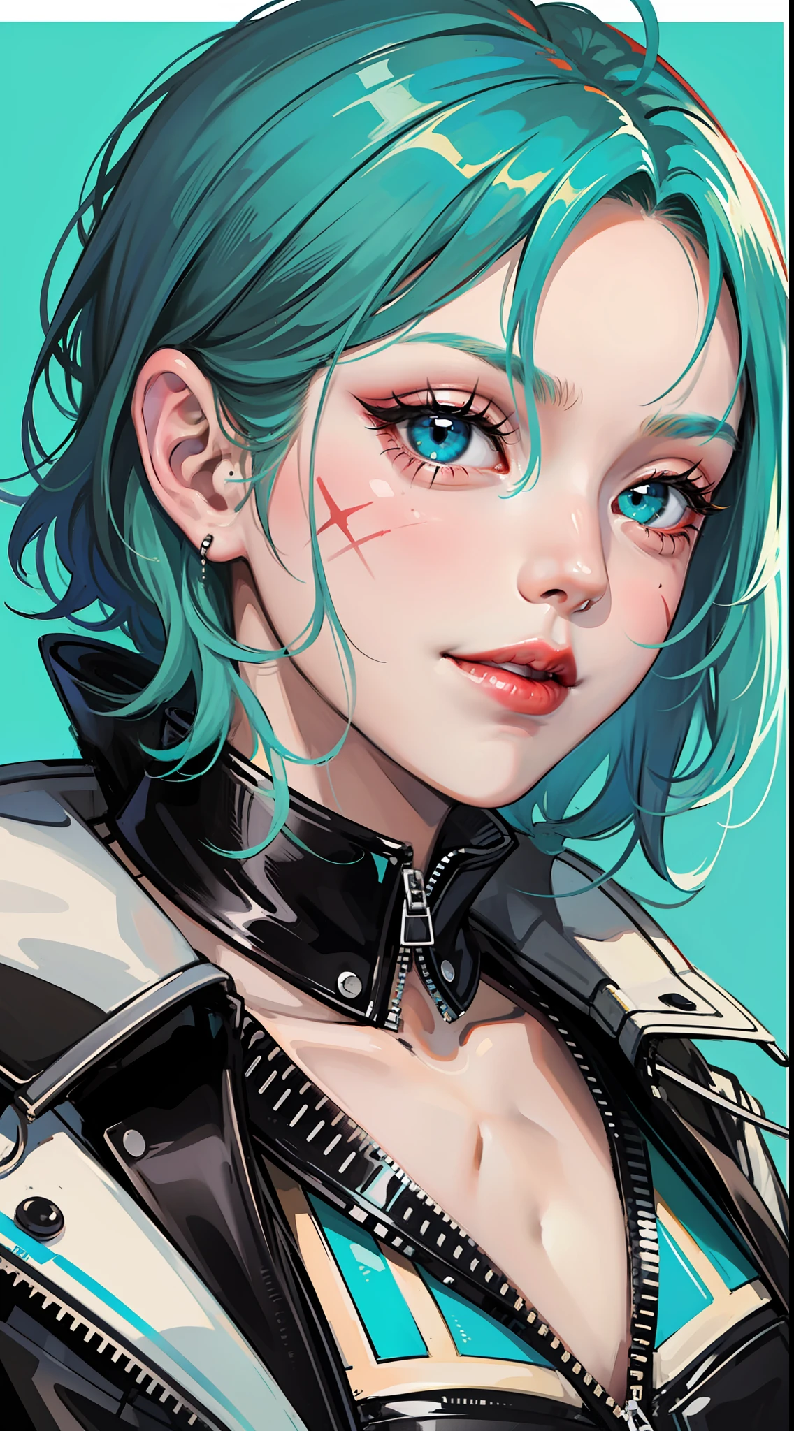 young girl, long turquoise hair, punk haircut, turquoise eyes, scars, punk make-up, leather jacket, Burns, ripped clothes, madness, smirk, Masterpiece, highly quality