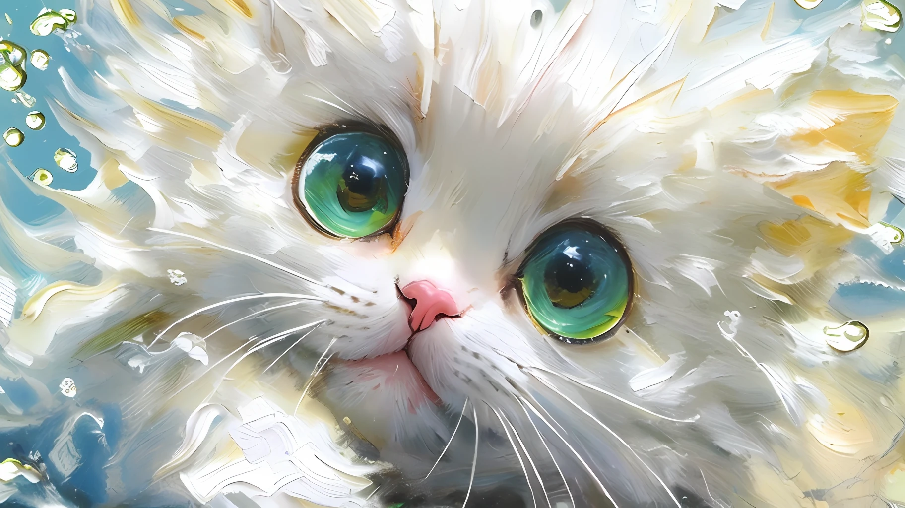 A little white kitten swimming underwater, Sourcils, sourire, fantaisie dans le style Katsuhiro Otomo, in realistic hyper-detail rendering style, lueur, jaune bleu, ultra-realistic oil painting, head close-up, exaggerated perspective, Tyndall effect water drops, pearlescent mother-color, Blanc holographique, realistic---s400