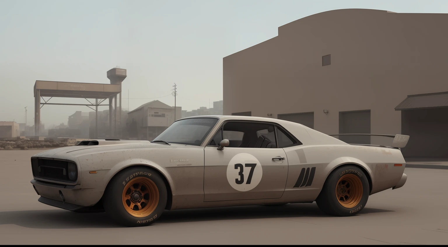 (((low-slung tuned futuristic cyberpunk mate brown badass rat rod zeekar))) hotrod, at the parking lot, wide tires, mad max style, muscle car, (chevy camaro) z28, ((1car:1.3)), supercharger, white background, mate finish, dusty, mate simple paintjob, (muddy), 3d render, brown, smooth lines, smooth bodywork, monster truck, octane render, huge slick tires, gulf livery