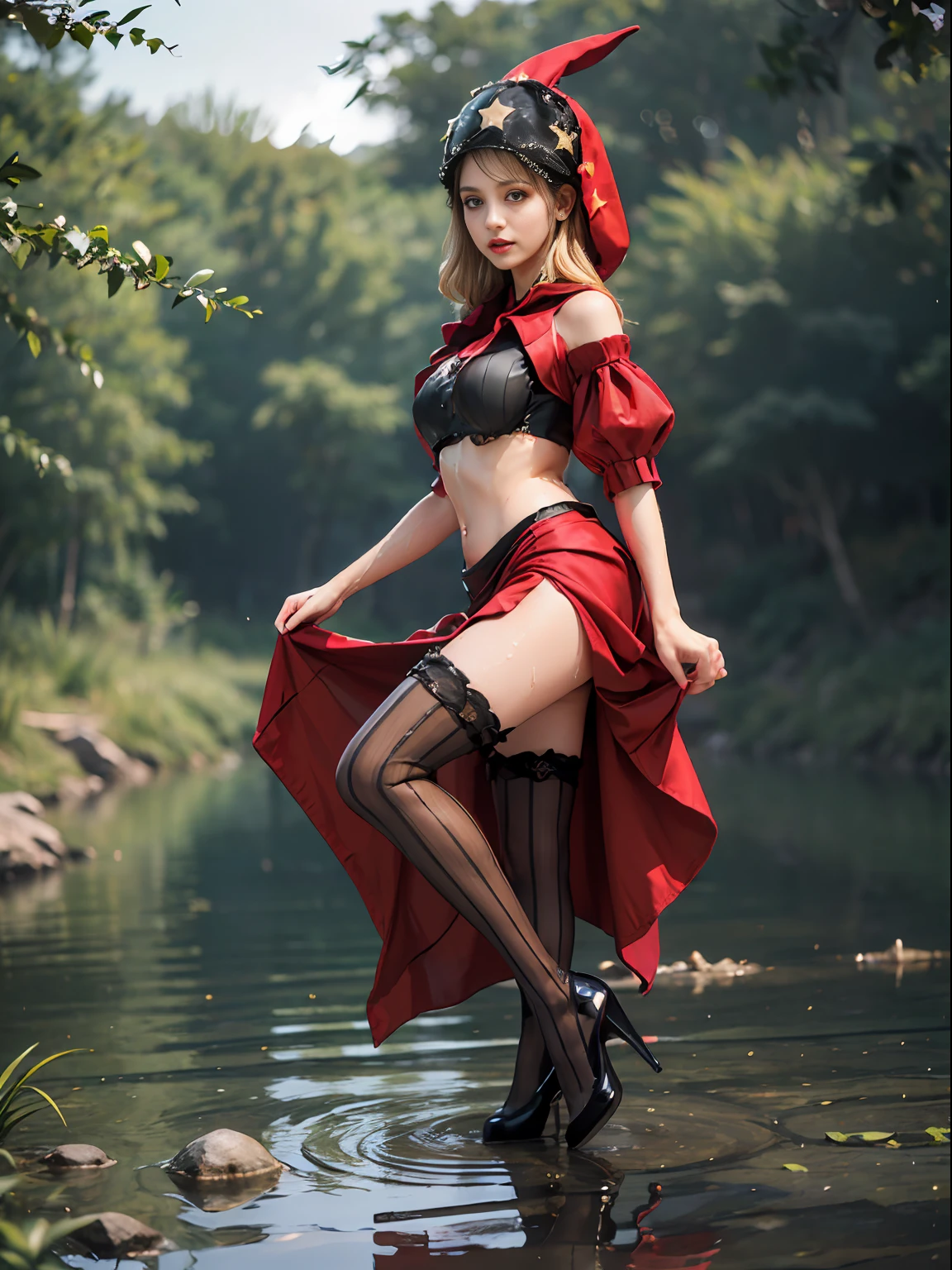 velvet, (red hood, crop top, puffy sleeves, star hat headdress, long skirt, vertical-striped stockings, high heels:1.5), (blonde:1.2), erotic expression, sexy and beautifull eyes, medium breasts, smile, cute, (breast focus: 1.2), (wet skin:1.2), (bath on a lake:1.2), (natural skin texture, hyperrealism), (photorealistic:1.4), (full body:1.5), (full shot:1.2), (realism), (masterpiece:1.2), (best quality), (ultra detailed), (8k, 4k, intricate), (85mm), light particles, lighting, (highly detailed:1.2), (detailed face:1.2), (gradients), colourful, (detailed eyes:1.2), (rule of third_composition:1.3), (detailed background), (dynamic angle:1.2), (Line of action:1.2), wide shot, daylight, solo.