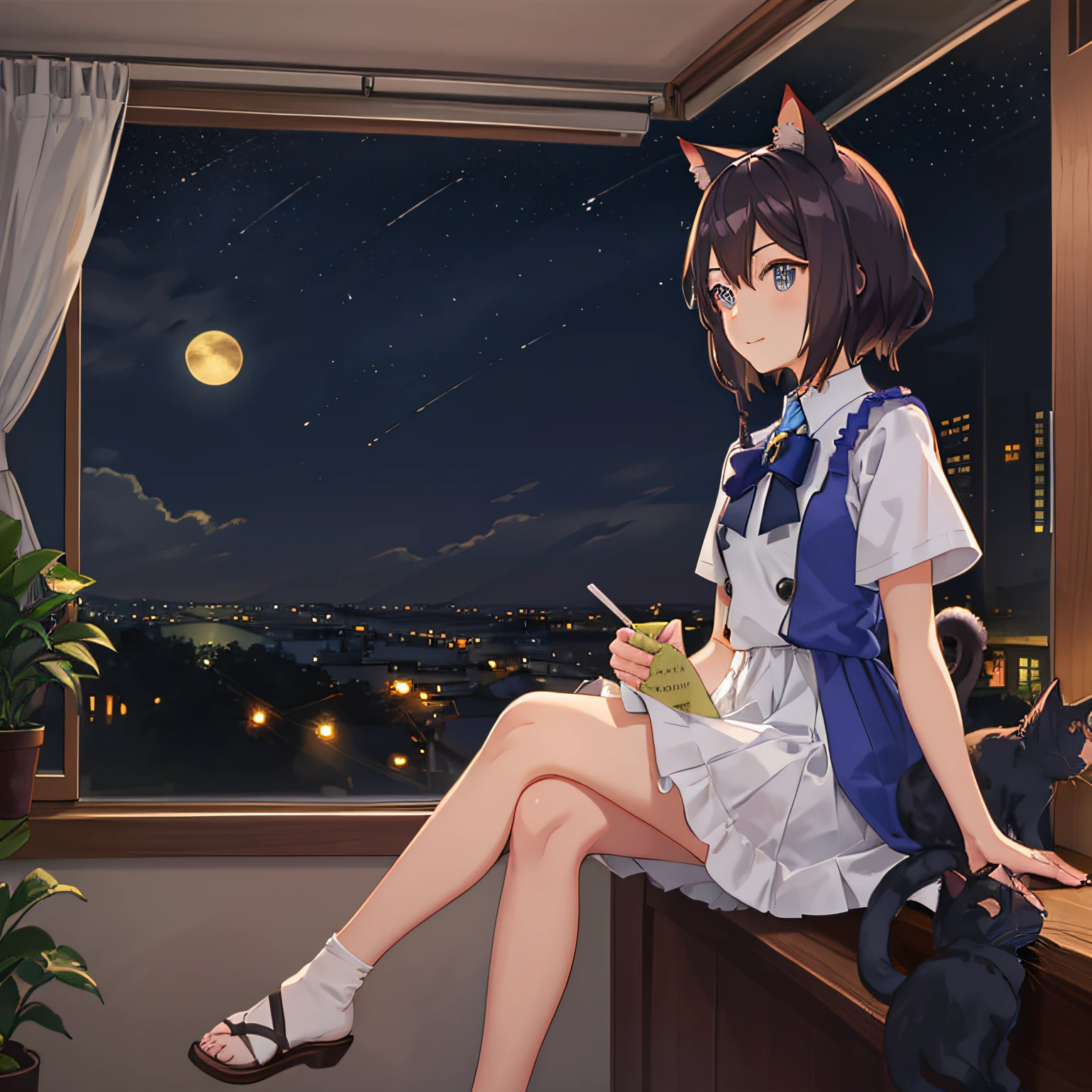 Anime girl sitting on windowsill，Has cat ears, cute anime catgirl, loli in dress, beautiful anime catgirl, Very beautiful anime cat girl, white cat girl, anime catgirl, cute anime waifu in a nice dress, anime girl with cat ears, Attractive cat girl, [ 4 K digital art ]!!, anime cat, Cute anime girl,In the background is a refined room，There are beautiful potted plants，Beautiful starry night view outside the window，