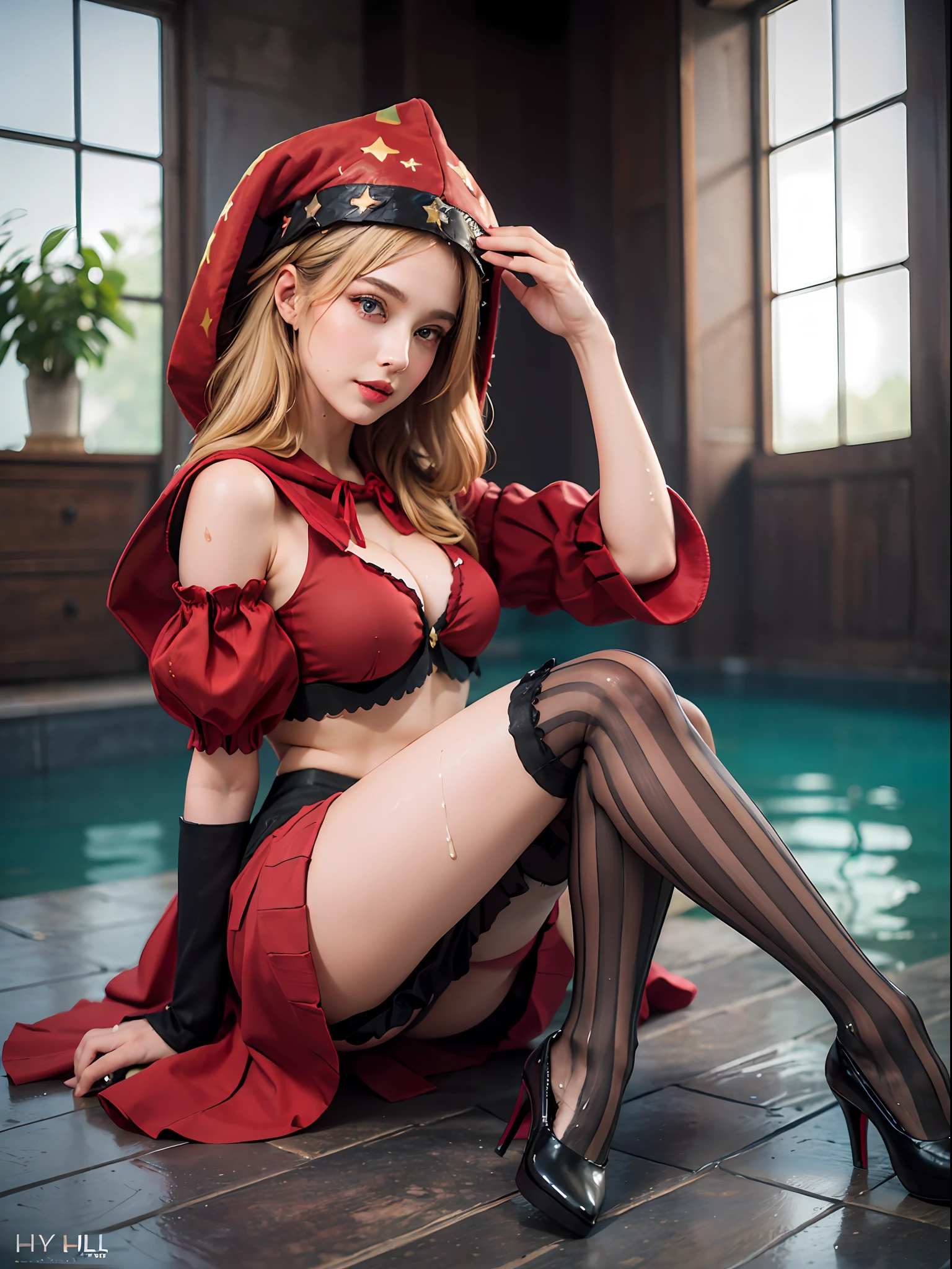 velvet, (red hood, crop top, puffy sleeves, star hat headdress, long skirt, vertical-striped stockings, high heels:1.5), (blonde:1.2), ?????? expression, ???? and beautifull eyes, ??????????????, smile, cute, (????????????: 1.2), (wet skin:1.2), (inside water:1.2), (take bath on a lake:1.2), (natural skin texture, hyperrealism), (photorealistic:1.4), (full body:1.5), (full shot:1.2), (realism), (masterpiece:1.2), (best quality), (ultra detailed), (8k, 4k, intricate), (85mm), light particles, lighting, (highly detailed:1.2), (detailed face:1.2), (gradients), colourful, (detailed eyes:1.2), (rule of third_composition:1.3), (detailed background), (dynamic angle:1.2), (Line of action:1.2), wide shot, daylight, solo.